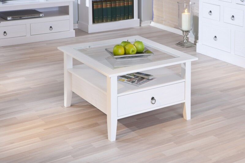 Couchtisch Provence1 Weiß Landhausstil mit Glaseinsatz und Schublade 99.20901510