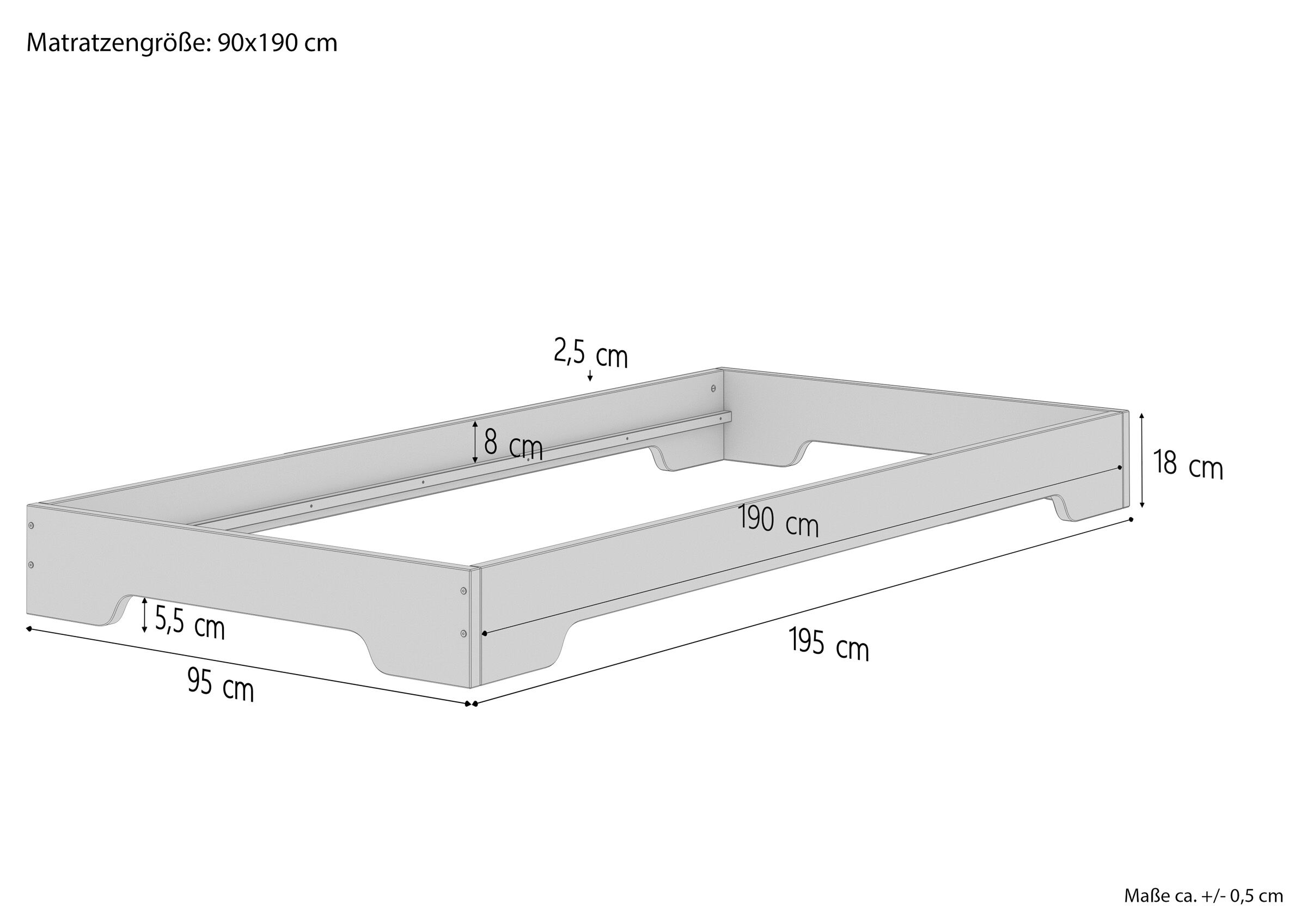 Extra platzsparendes stabiles Flachbett in kompakter Form 90x190 Studentenbett Massivholz V-60.41-09-190