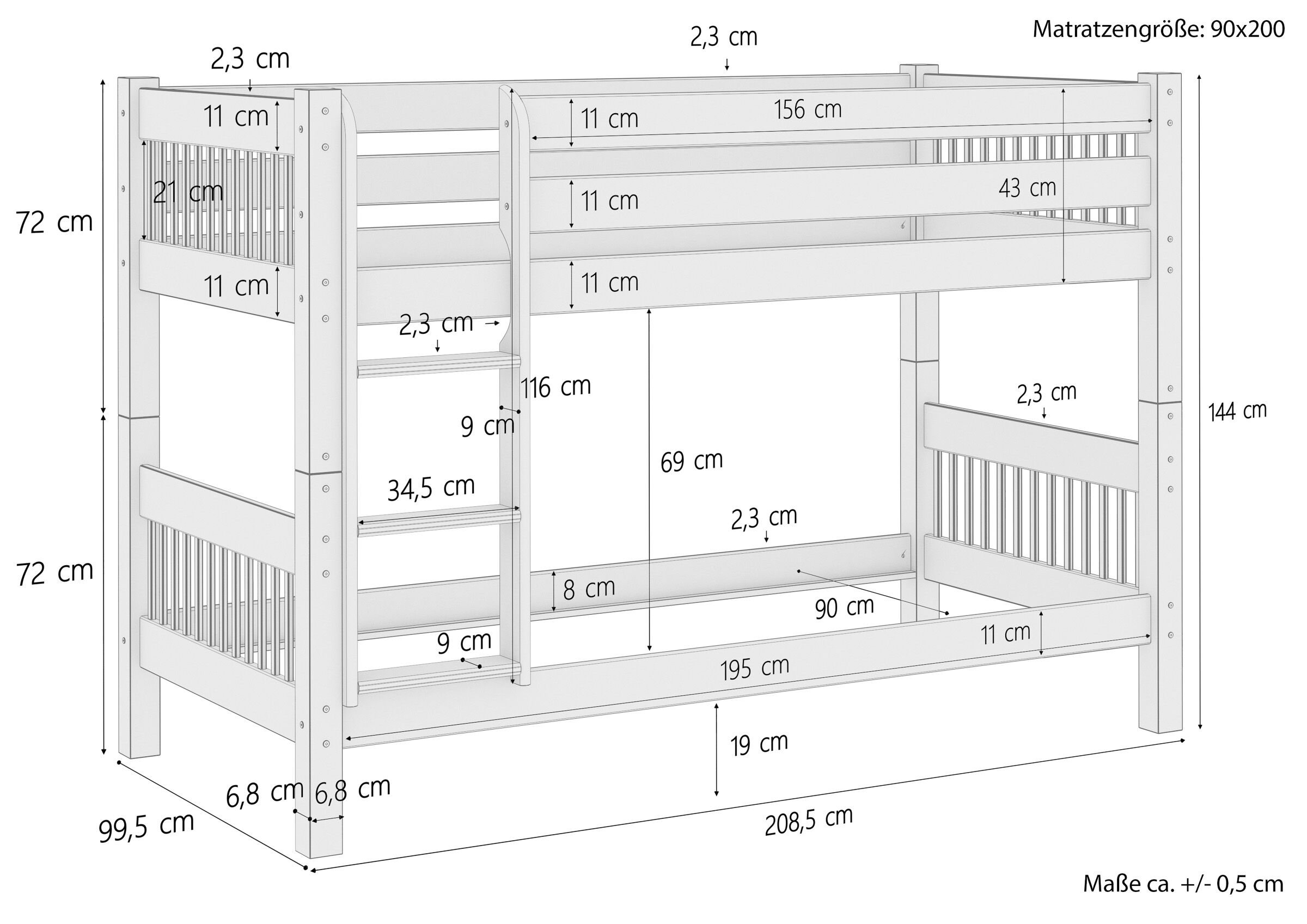 Kinderstockbett aus Massivholz mit wählbarem Zubehör, Liegefläche 90x200 V-60.12-09Ni70