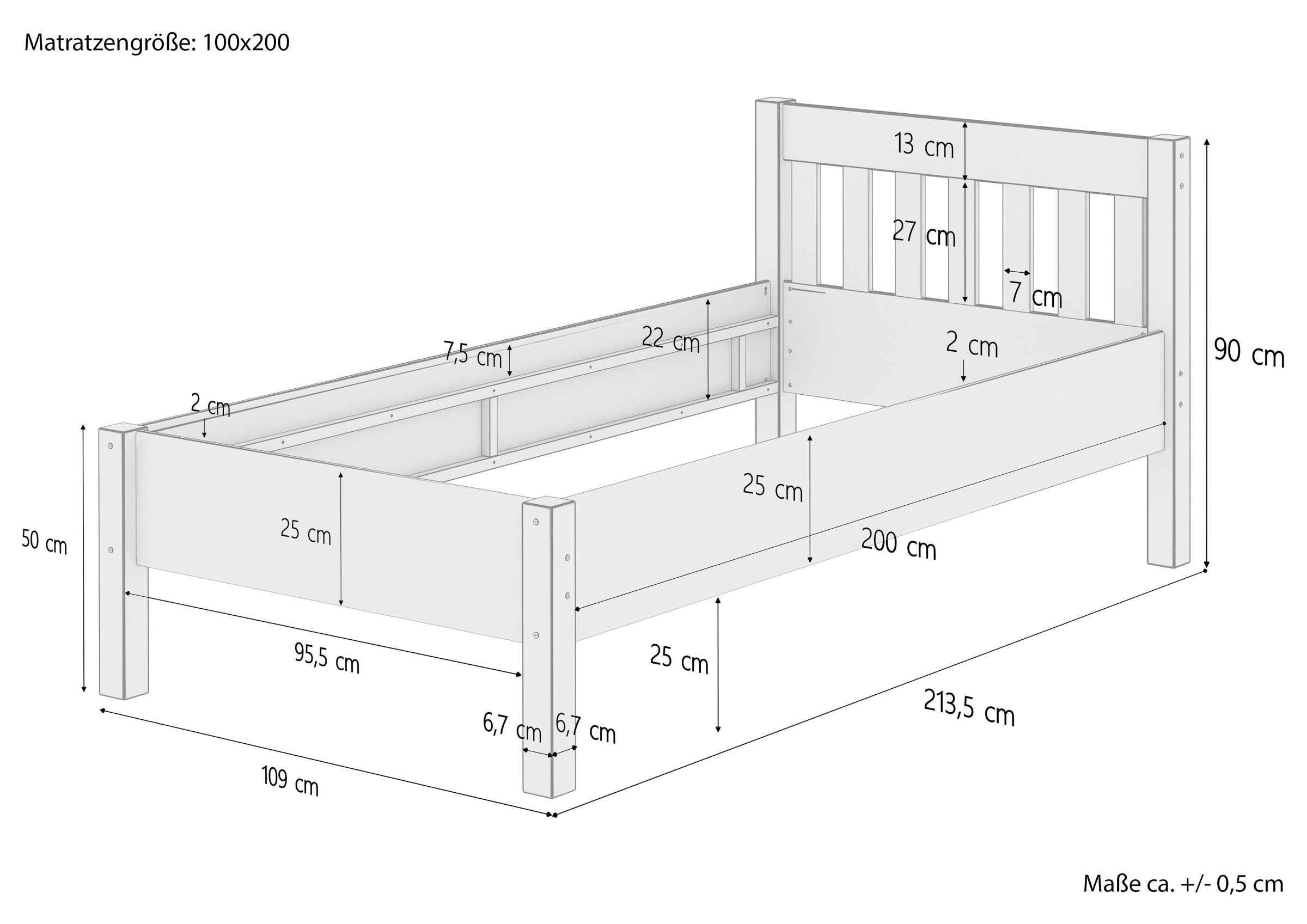 Hohes Holzbett 100x200 breites Seniorenbett Einzelbett Zubehör wählbar V-60.55-10