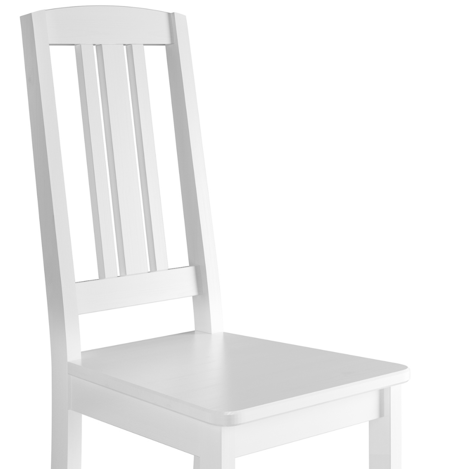  Stuhl aus Massivholz, Kiefer weiß lasiert, mit sanft geschwungener Rückenlehne und vertikalen Streben 