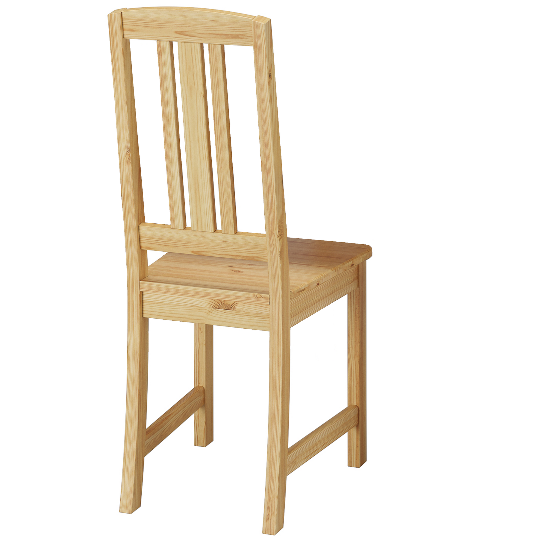  Stuhl aus Massivholz Kiefer mit sanft geschwungener Rückenlehne und vertikalen Streben 