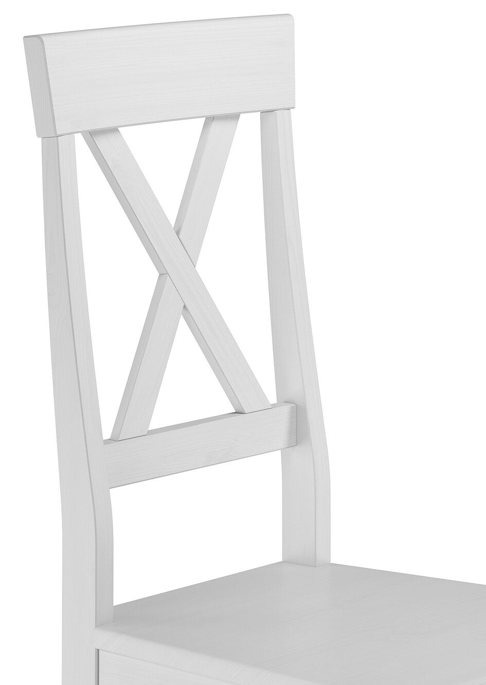  Stuhl aus massivem Kiefernholz, weiß lasiert mit schlichtem Kreuz in der interessant geschwungenen hohen Lehne 