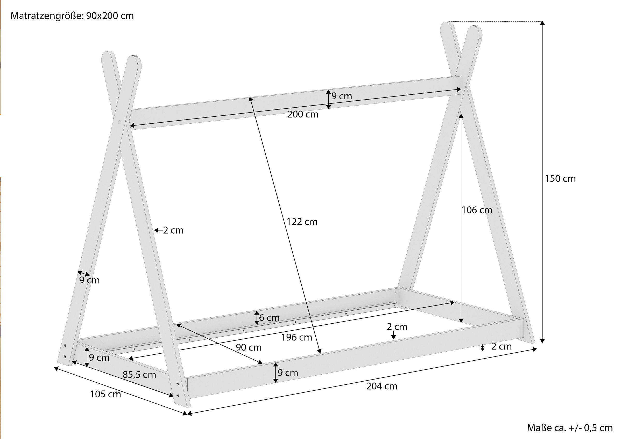 Maße des Einzelbettes in Tipi-Form 90x200