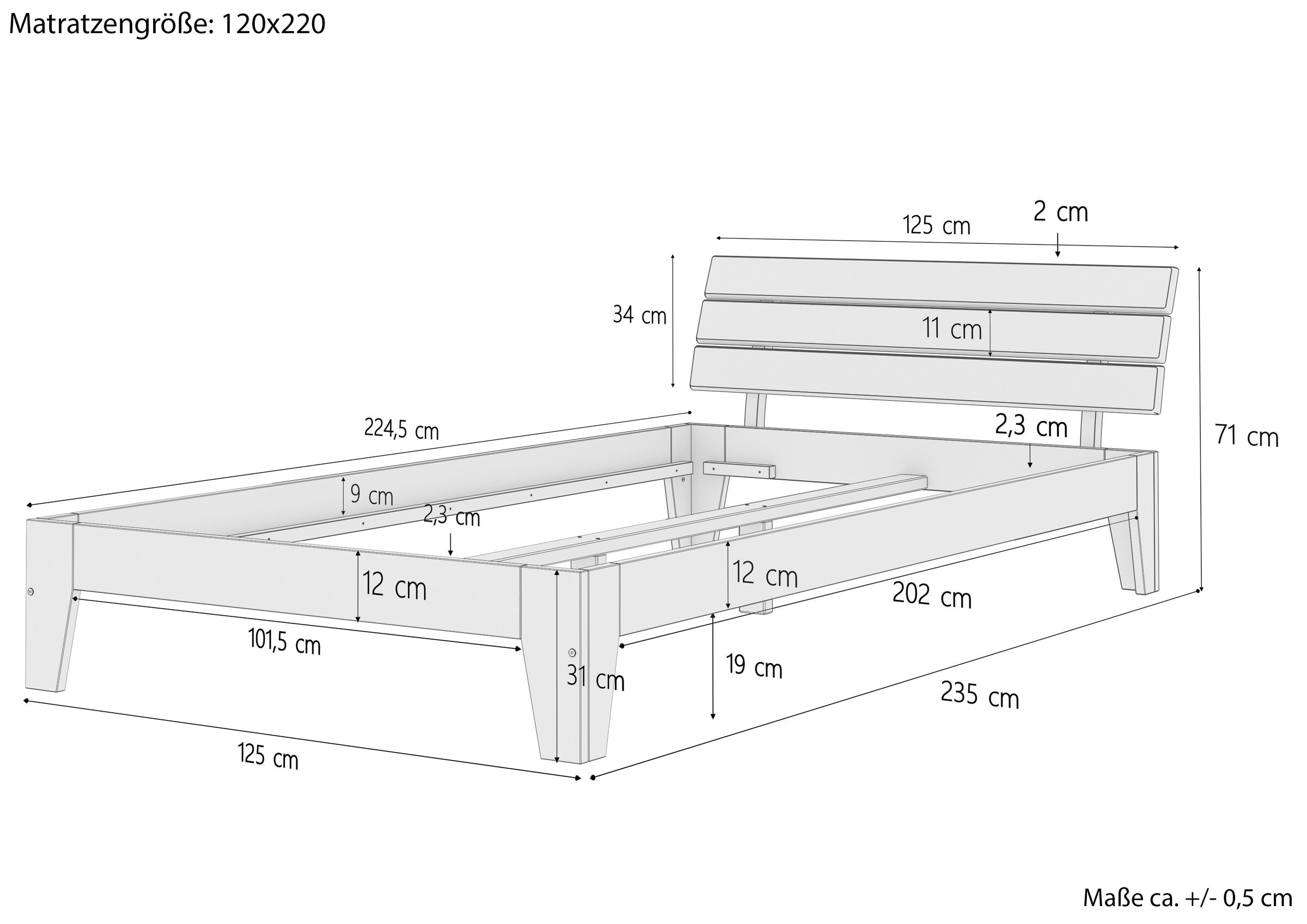 Cinque varianti di solido elegante letto lungo x materasso 120x220 in Pino massello V-60.62-12-220