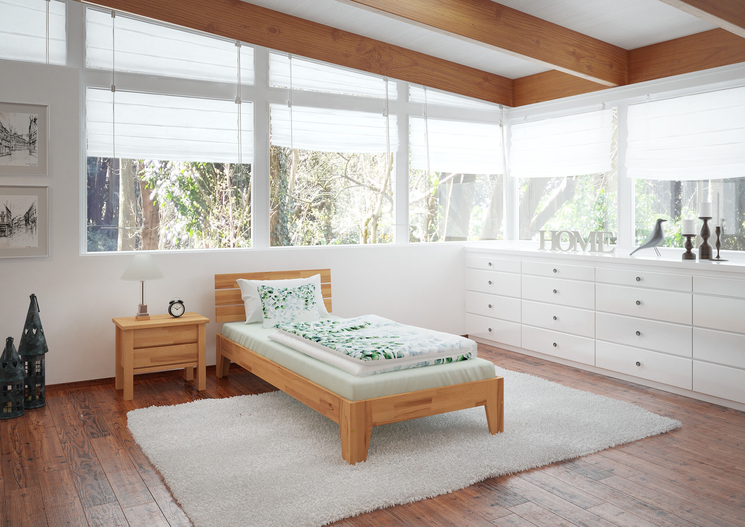Quattro varianti del' elegante letto in faggio laccato lungo 90x220 x materasso V-60.82-09-220