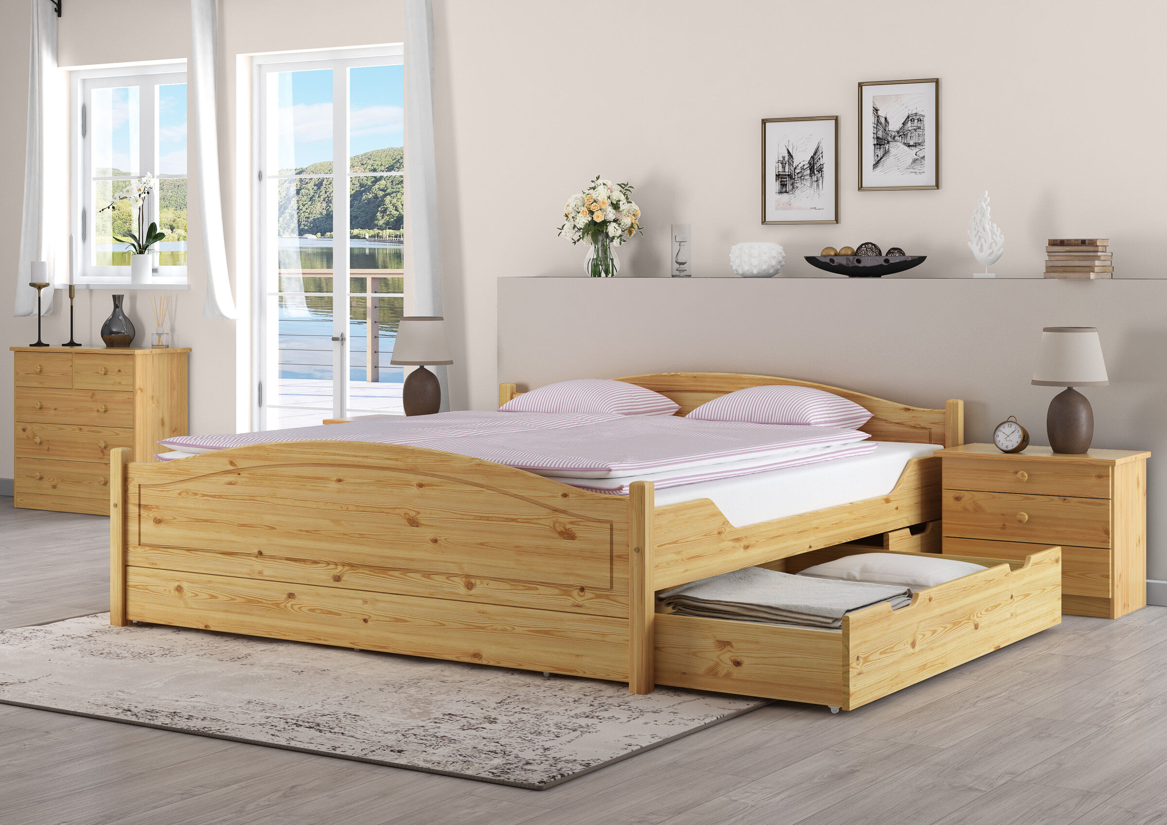 Quattro varianti di letto solido matrimoniale 180x200 in pino massello e 4 cassetti V-60.33-18