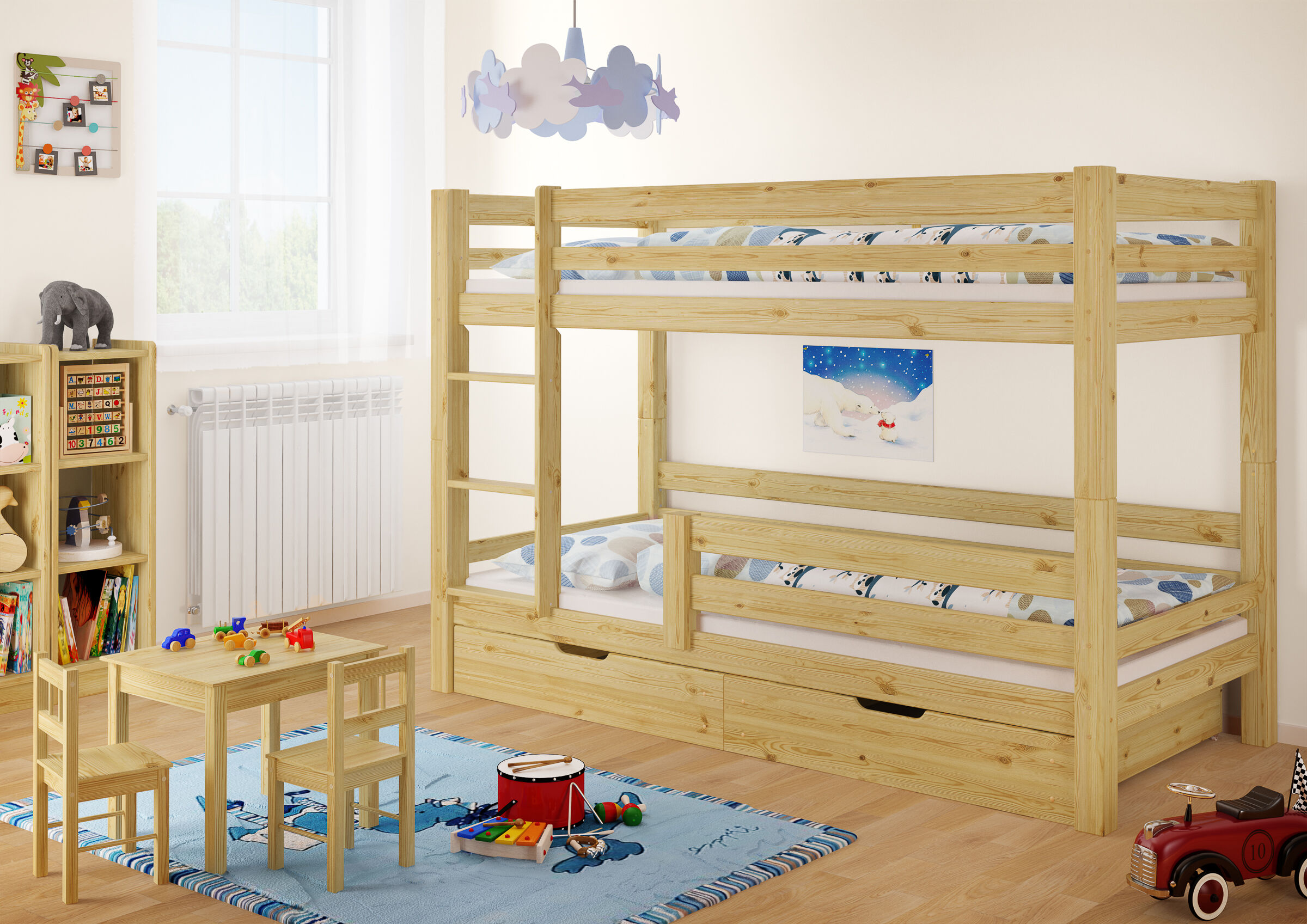 Nove varianti di letto a castello per bambini per materassi 90x200 in Pino laccato V-60.09-09
