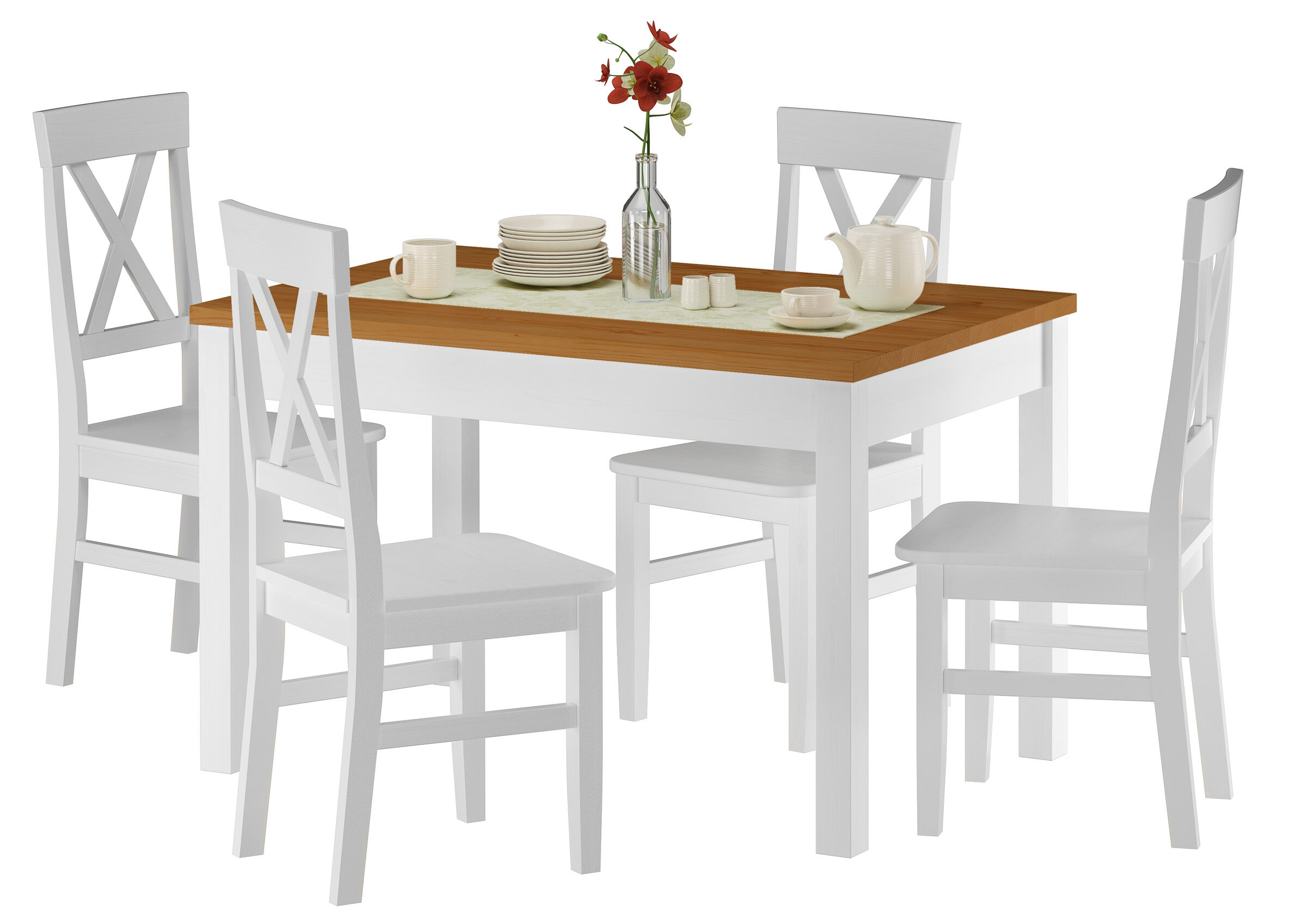 Essgruppe mit stabilem Tisch aus massiver Kiefer, waschweiß lackiert, Tischplatte eiche gebeizt, 80 x 120 cm, Tischbeine Glatt