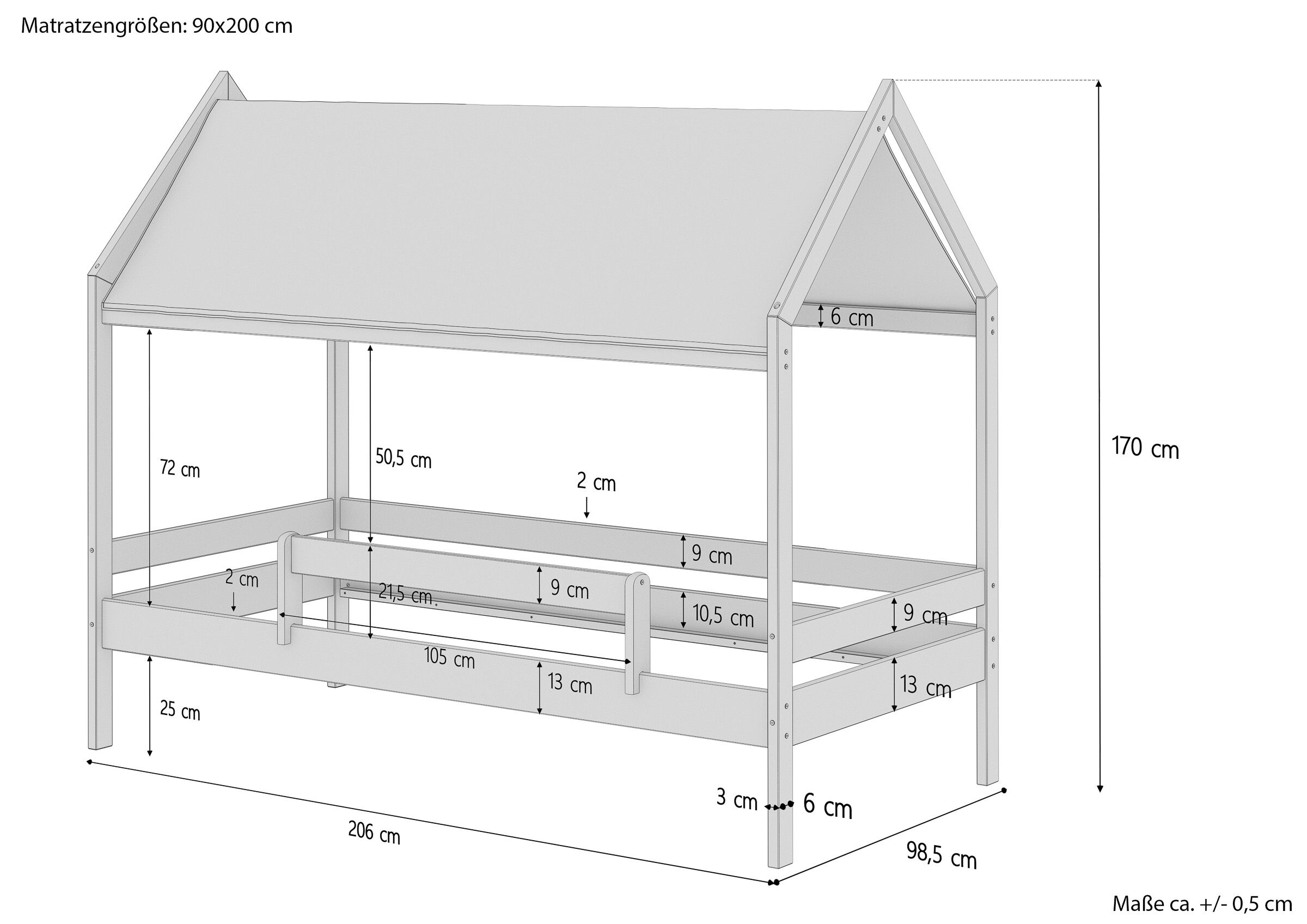 Cinque varianti di letto casa bianco in legno massiccio 90x200 e tetto in tessuto V-60.58-09W