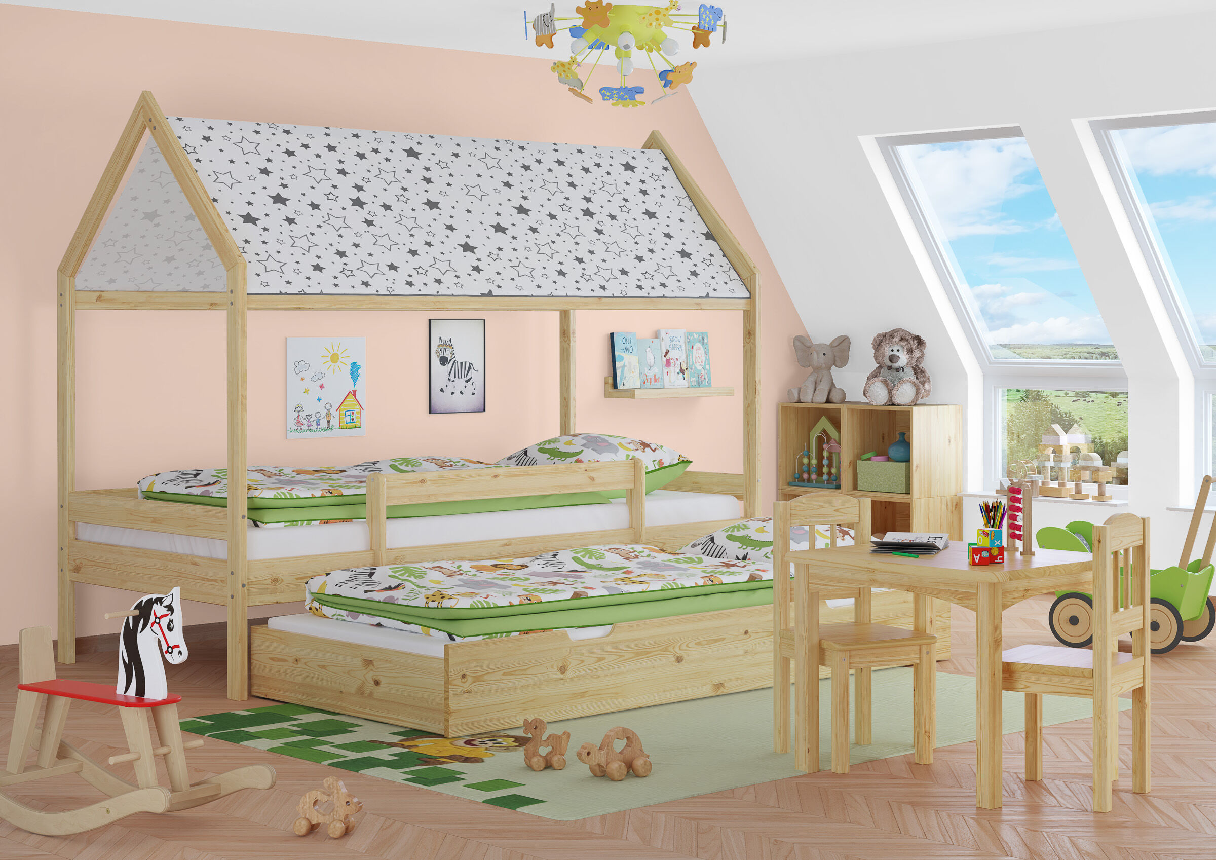Cinque varianti di letto casa in legno massiccio 90x200 con tetto in tessuto V-60.58-09