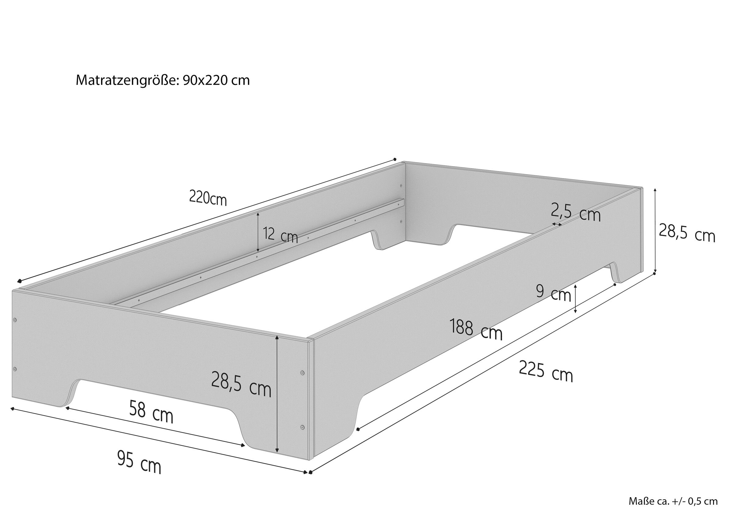 Überlanges schmales Einzelbett 90x220 cm mit wählbarem Zubehör V-60.56-09-220