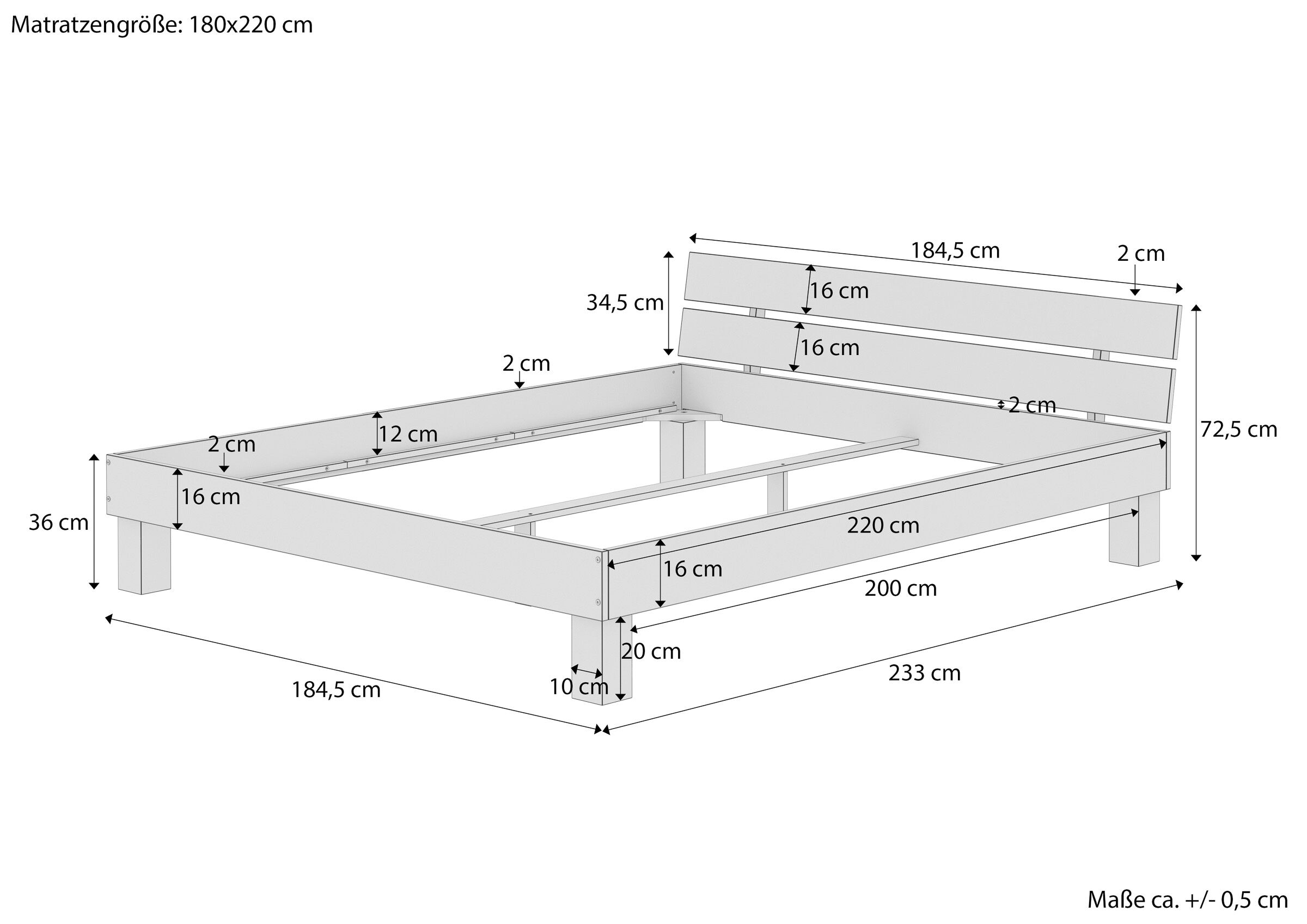 Maße des Futonbettes 180x220 aus Buchenholz
