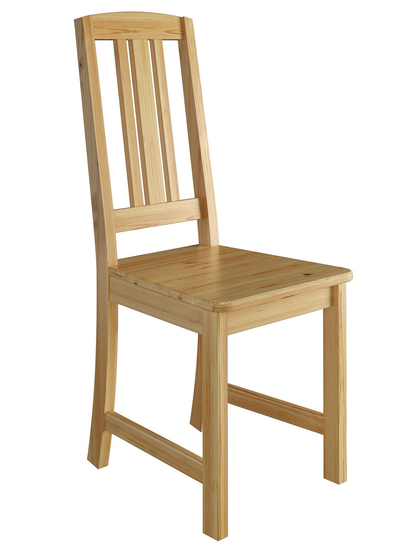 Stuhl aus Massivholz Kiefer mit sanft geschwungener Rückenlehne und vertikalen Streben 