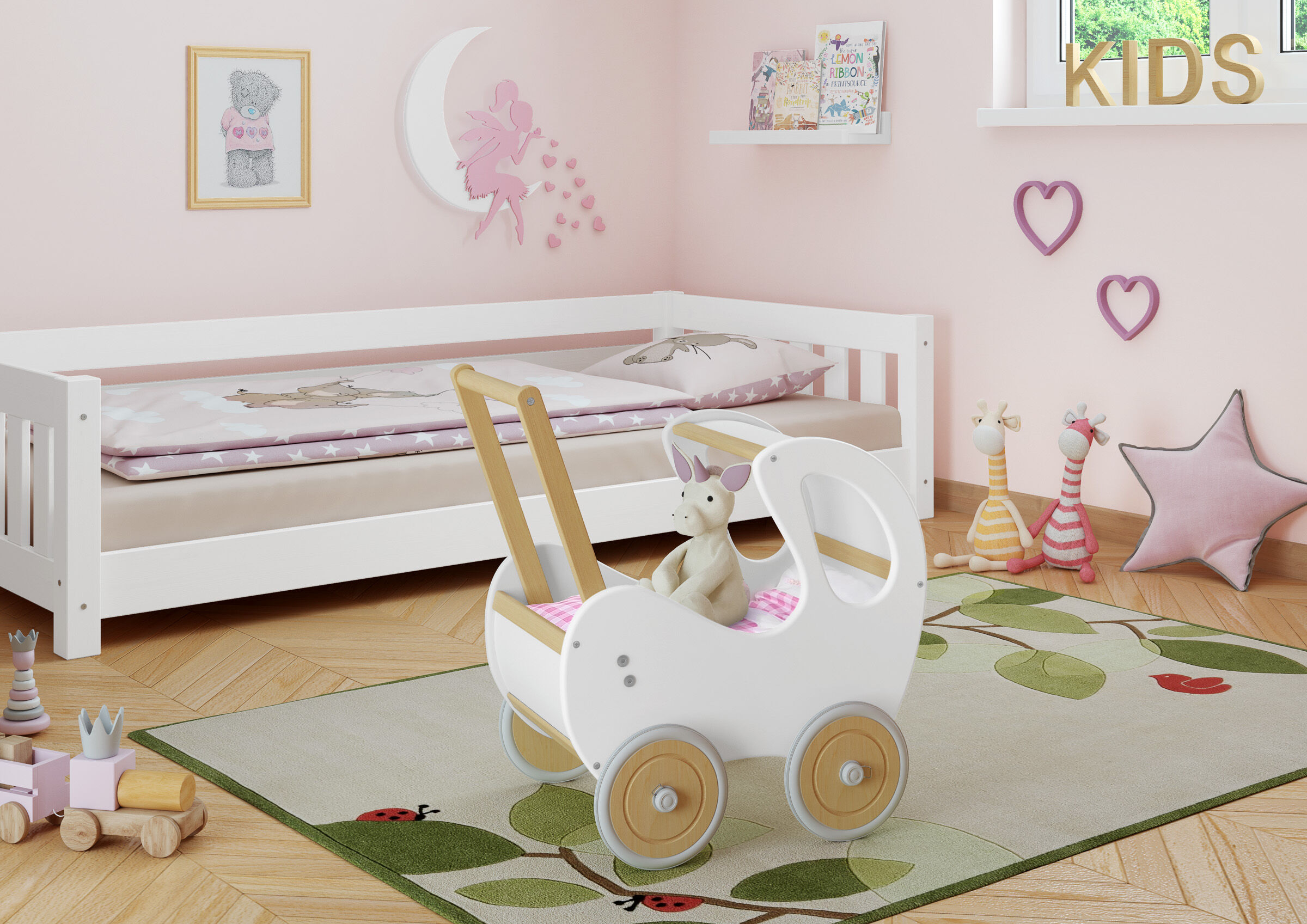 Solida carrozzina bianca per bambini e bambolotti in legno massello 934-3100