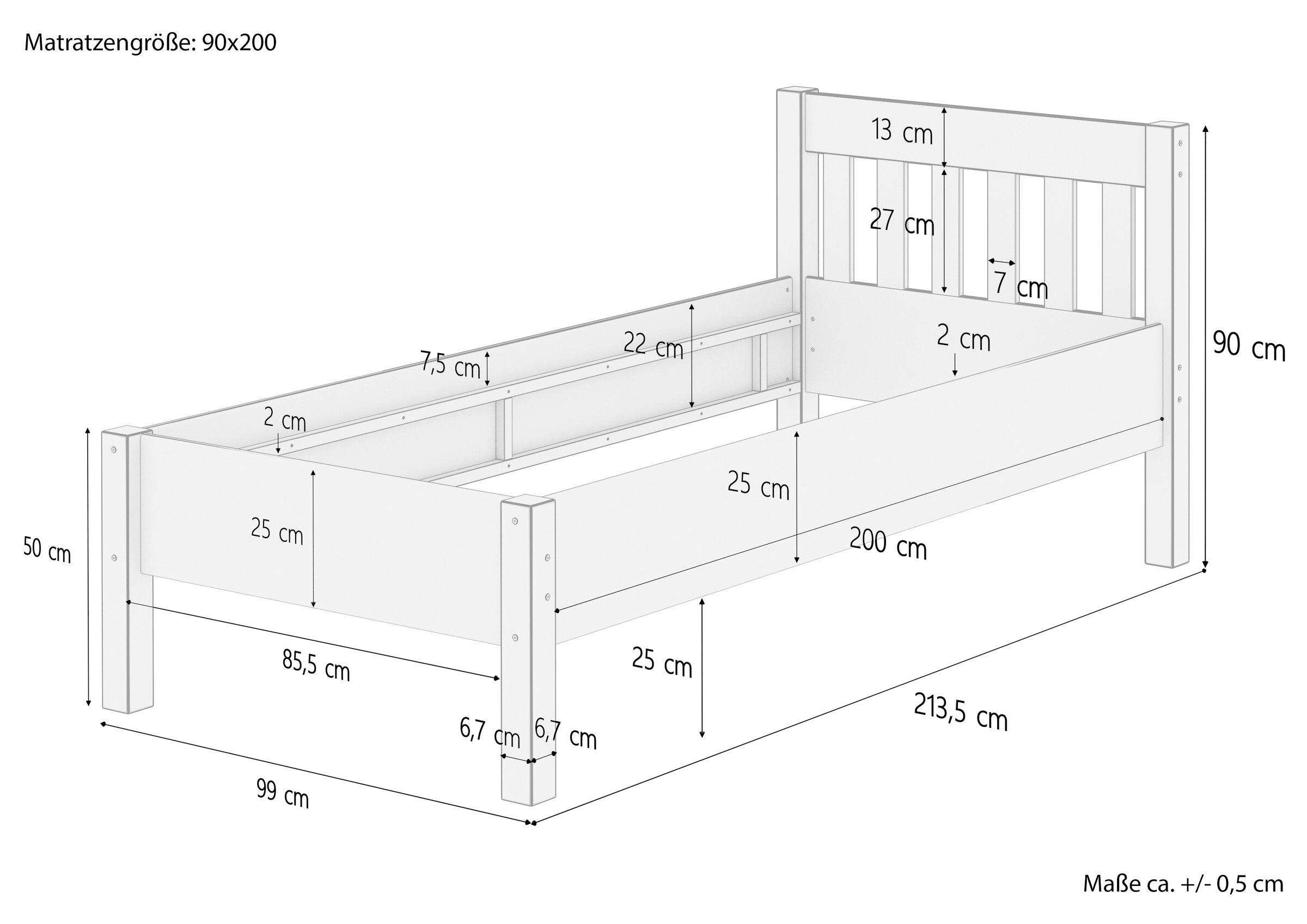 Quattro varianti di solido alto letto per materasso 90x200 in Pino massello V-60.55-09