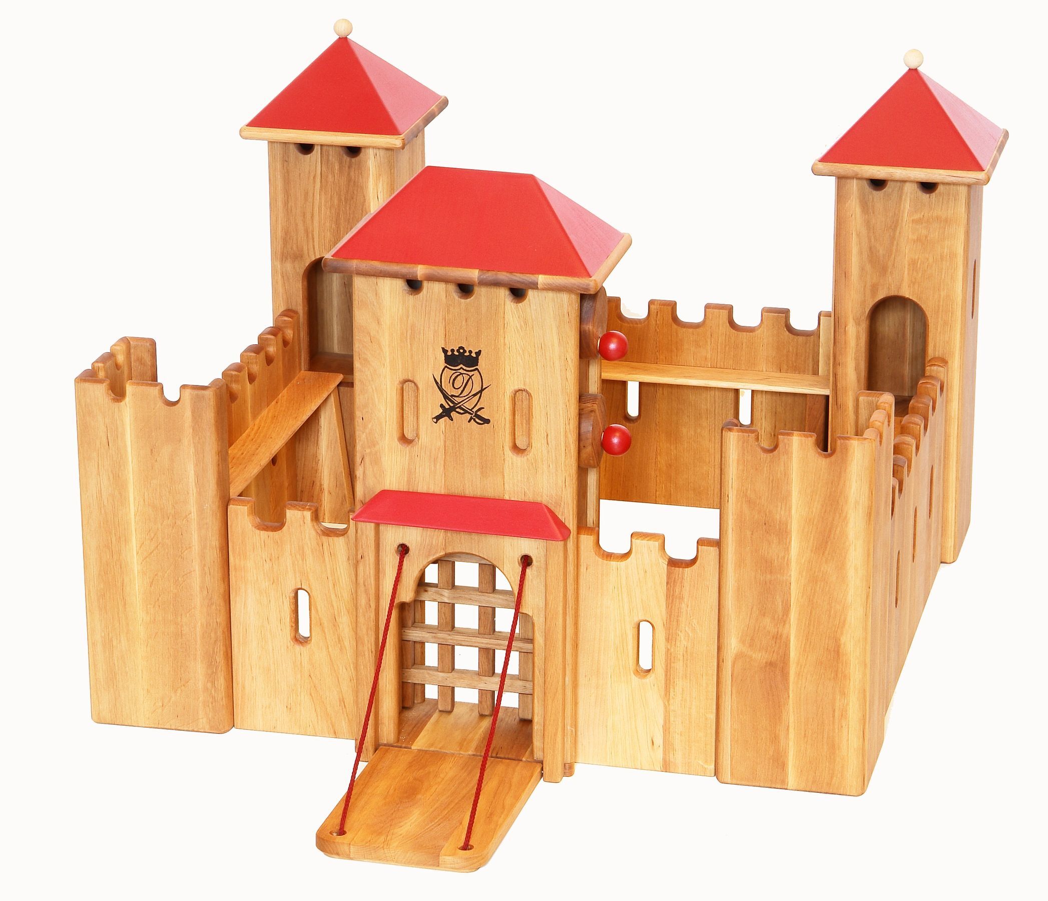 Bellissimo e solido castello dei cavalieri in legno con ponte e ferritoia mobili 931-140 