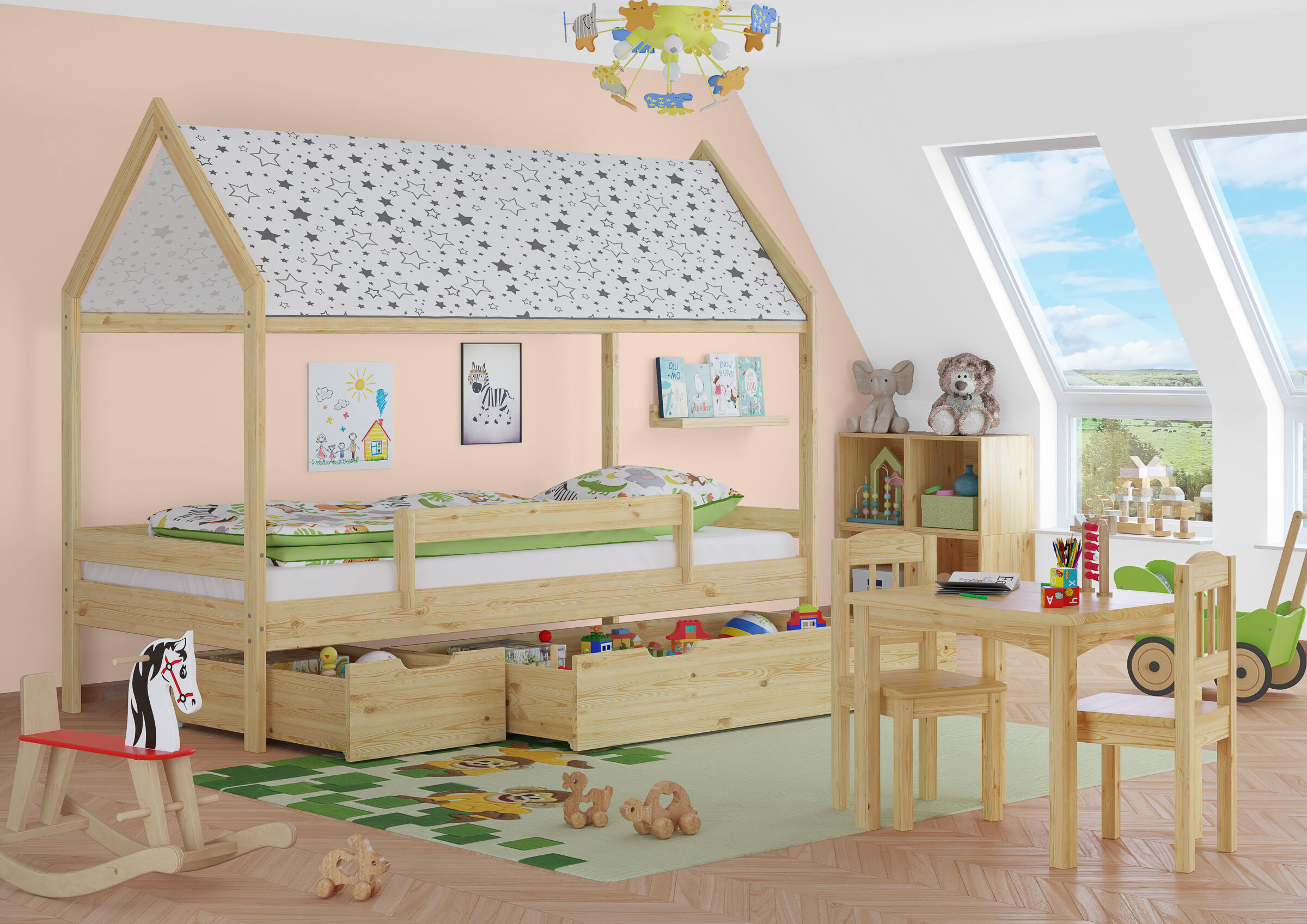 Cinque varianti di letto casa in legno massiccio 90x200 con tetto in tessuto V-60.58-09