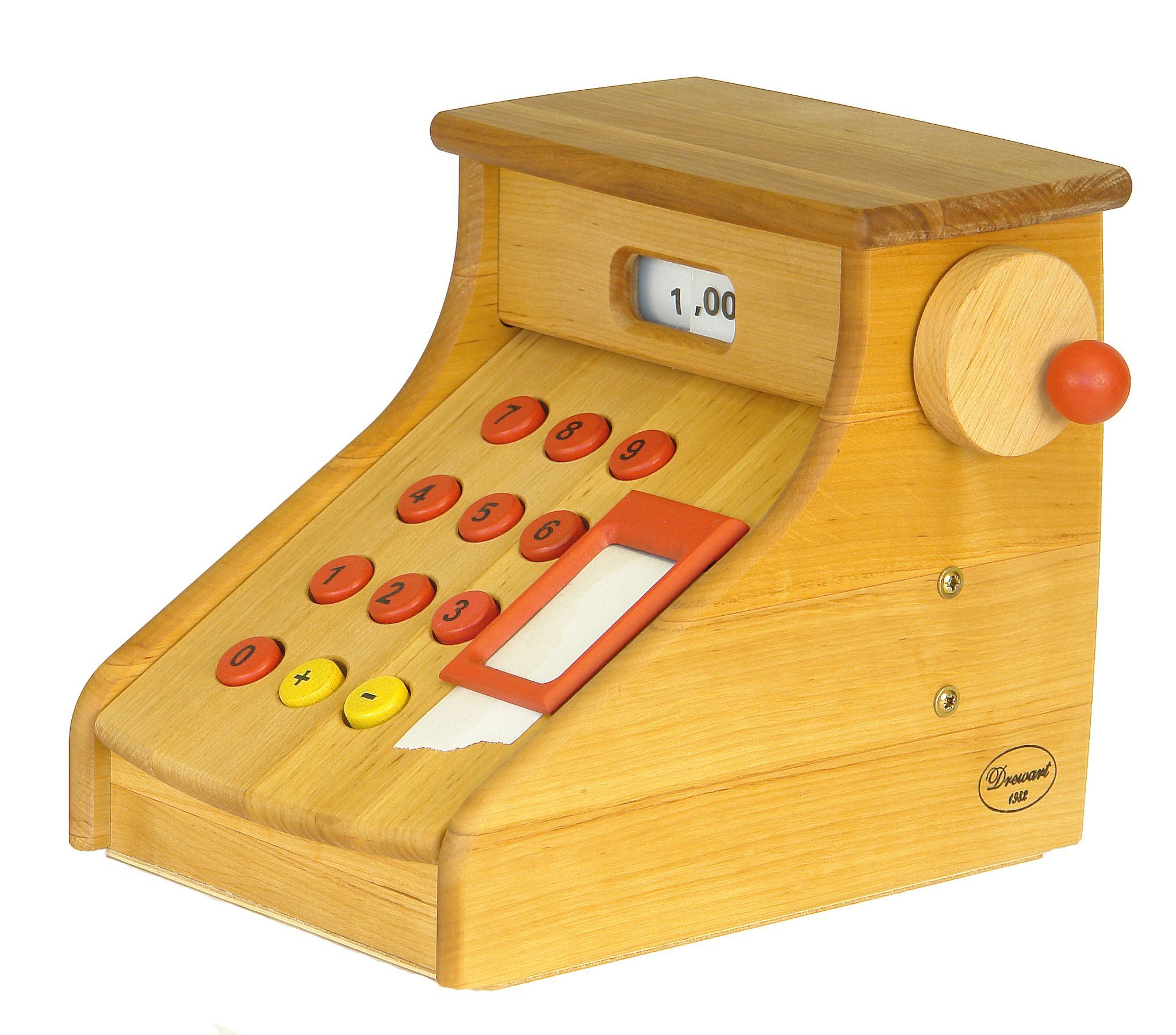 Registratore di cassa giocattolo in legno con campanella e porta rotolo di carta 932.2400