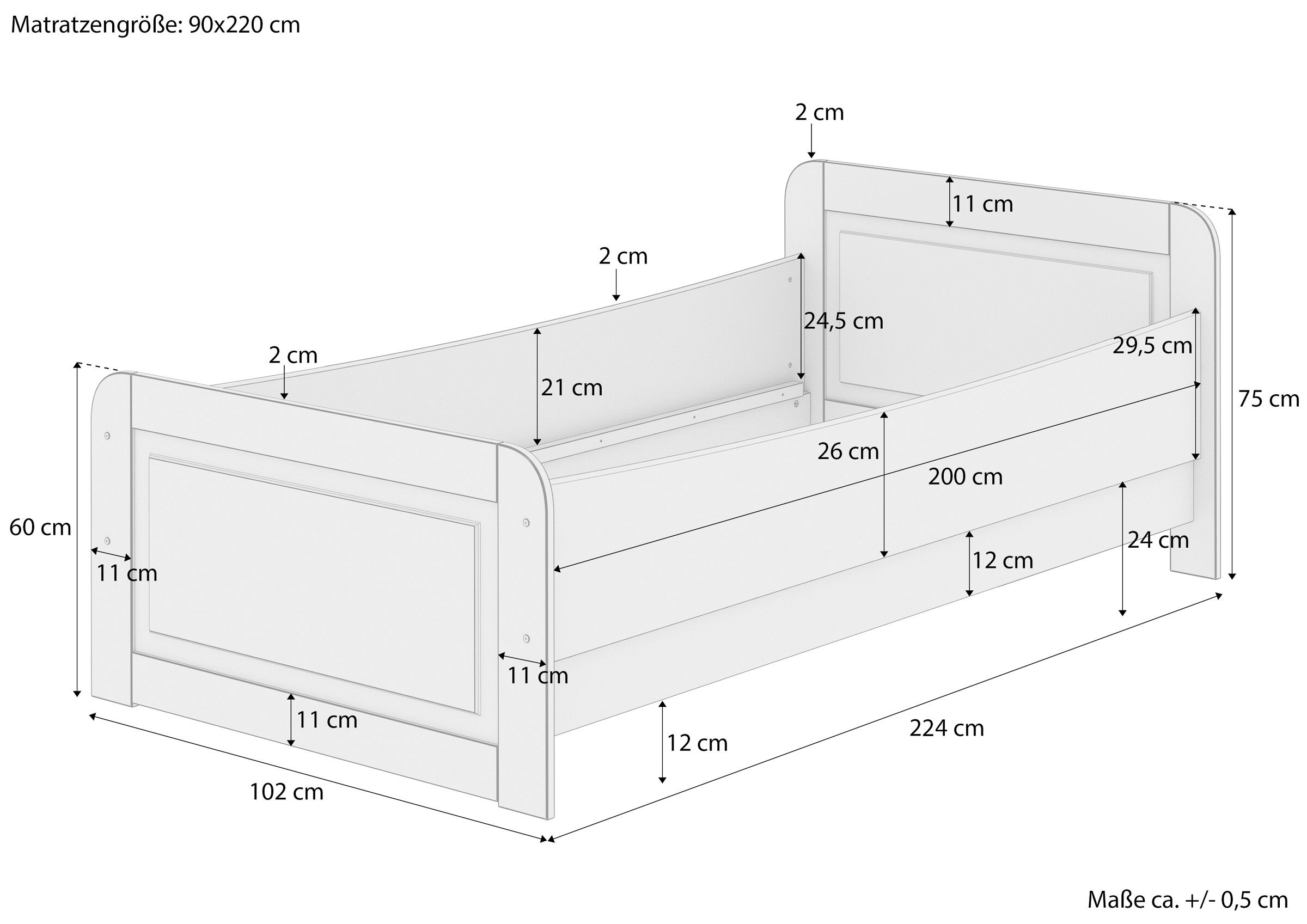 Quattro varianti di robusto letto ideale anche PER ANZIANI 90x220 Pino massello V-60.42-09-220
