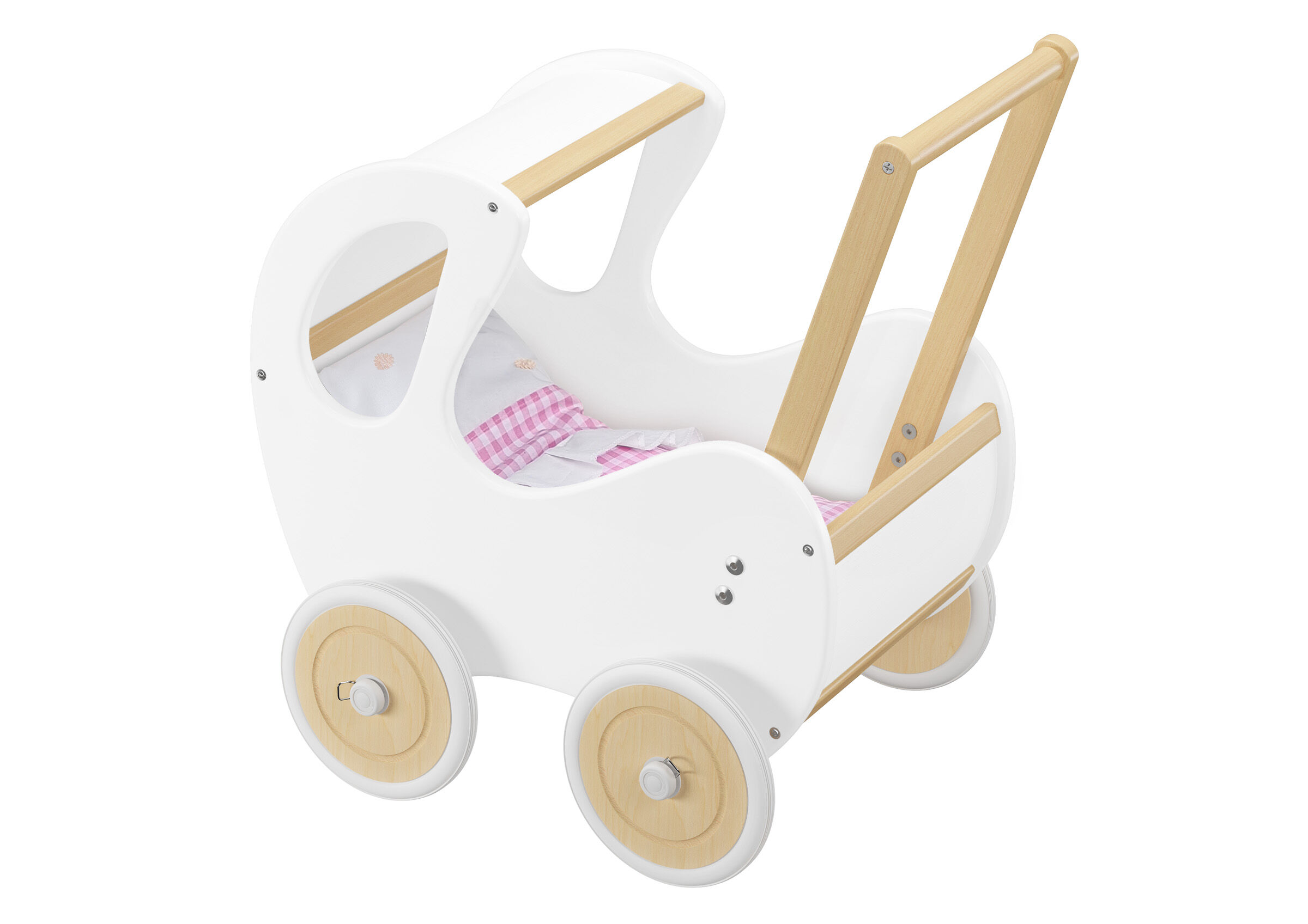 Solida carrozzina bianca per bambini e bambolotti in legno massello 934-3100