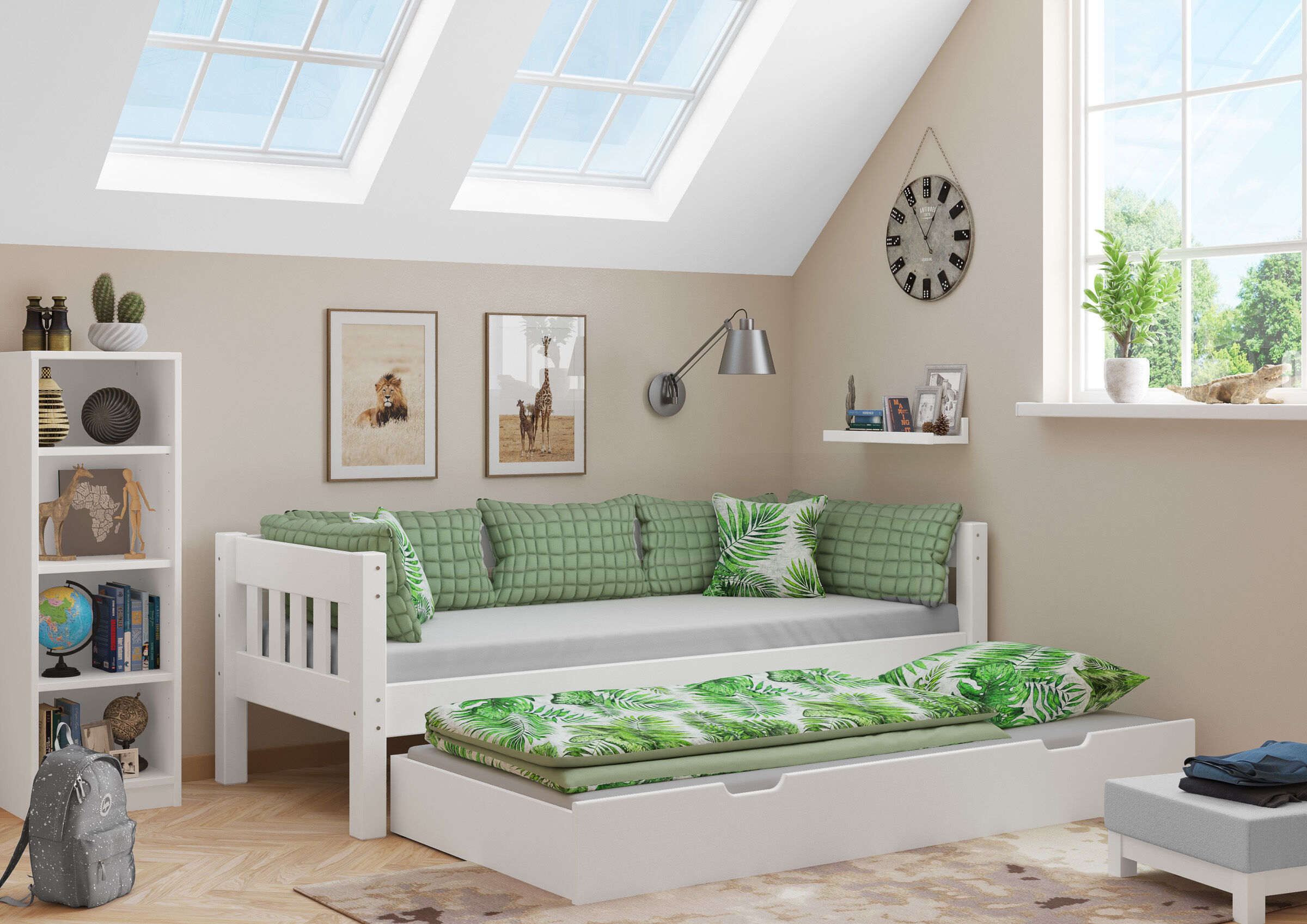 Quattro varianti di solido divano letto in pino bianco per materasso 90x200 V-60.53-09W