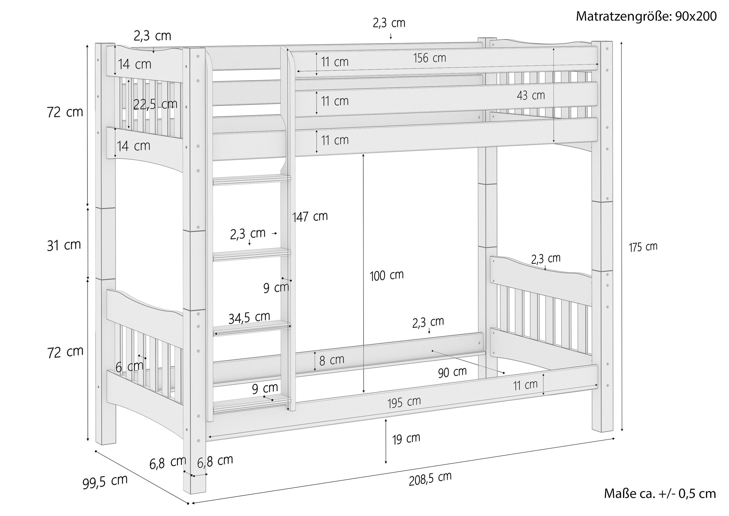 Etagenbett hohes Bett Kiefer natur Massivholz 90x200 cm Zubehör wählbar V-60.15-09Ni100 