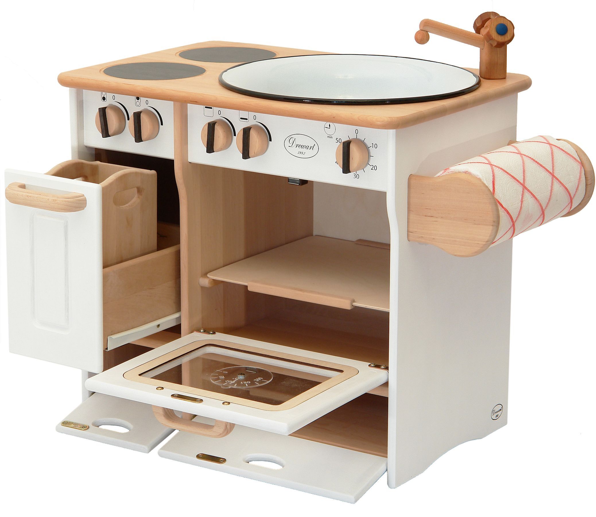 Weiße Spielküche hochwertig mit Holzunterbau aus Massivholz Kinderküche 932-2044-U