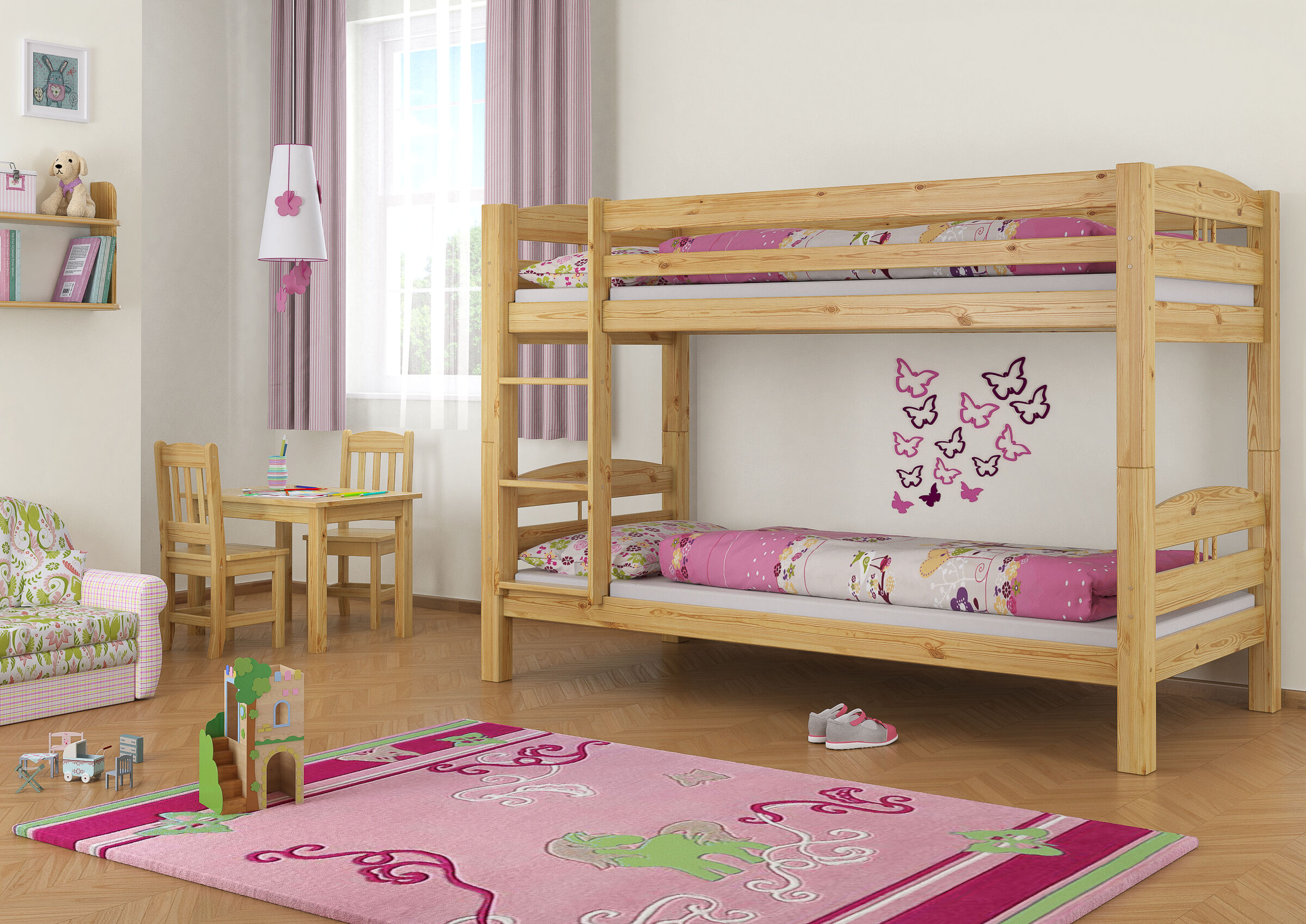 Nove varianti di letto a castello per bambini per materassi 90x200 in Pino laccato V-60.10-09