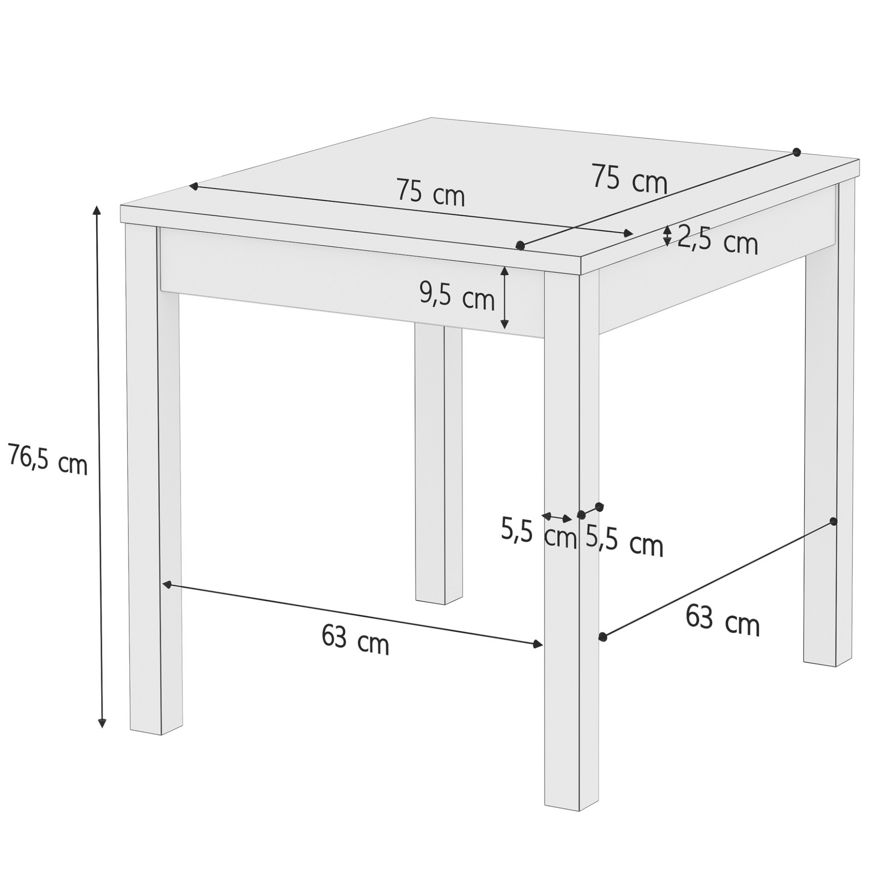 Stabiler Esszimmertisch aus massiver Kiefer, klar lackiert, 75 x 75 cm, Tischbeine Glatt, Schema mit Maße