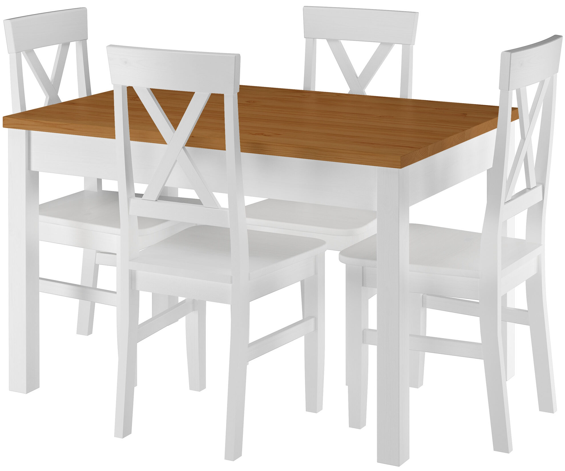 Essgruppe aus massiver Kiefer, Stuhlmodell 23, waschweiß lackiert, Tischplatte eiche gebeizt, 80 x 120 cm, Tischbeine Glatt