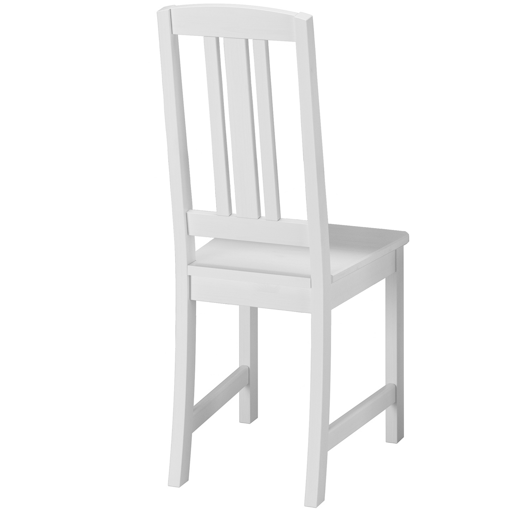 Stuhl aus Massivholz, Kiefer weiß lasiert, mit sanft geschwungener Rückenlehne und vertikalen Streben 