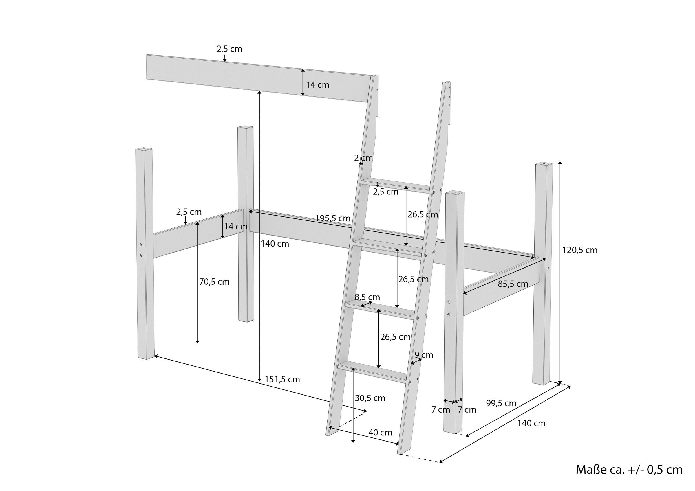 Zubehör für Einzelbett zur Erweiterung zum Hochbett Pfosten Leiter, Sicherung  V-60.20Z-09 