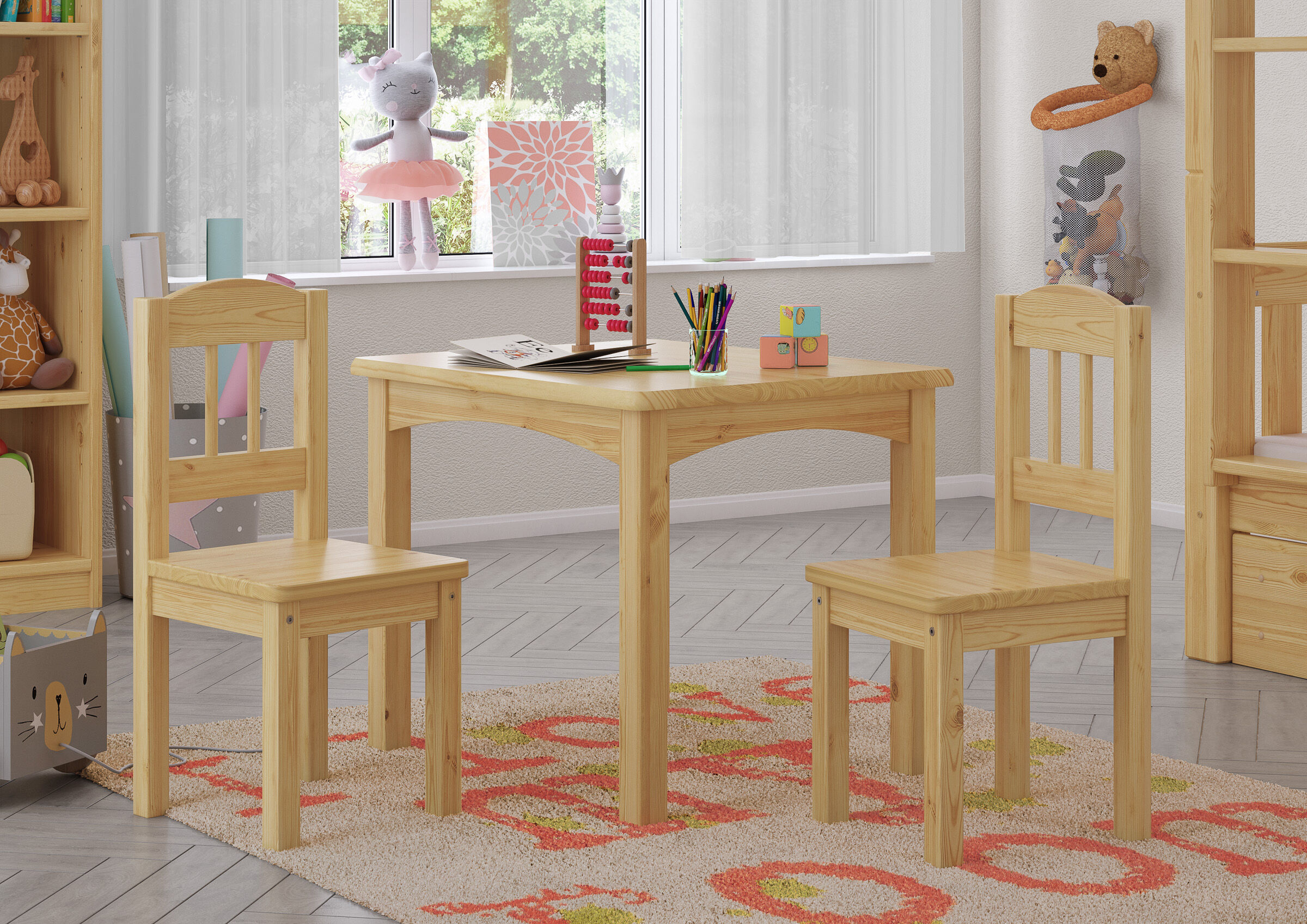 Ensemble de table et 2 chaises pour enfants en pin massif, couleur sélectionnable V-90.70-01