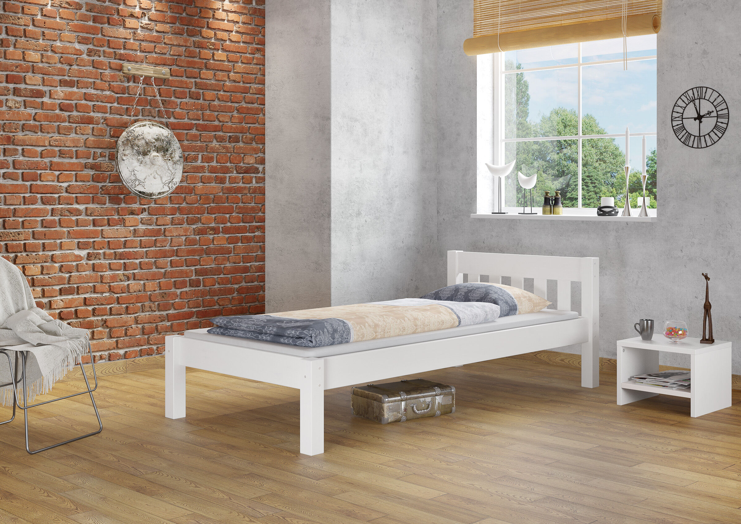 Tre varianti di solido letto bianco per materasso 80x200 in Pino massello V-60.38-08W