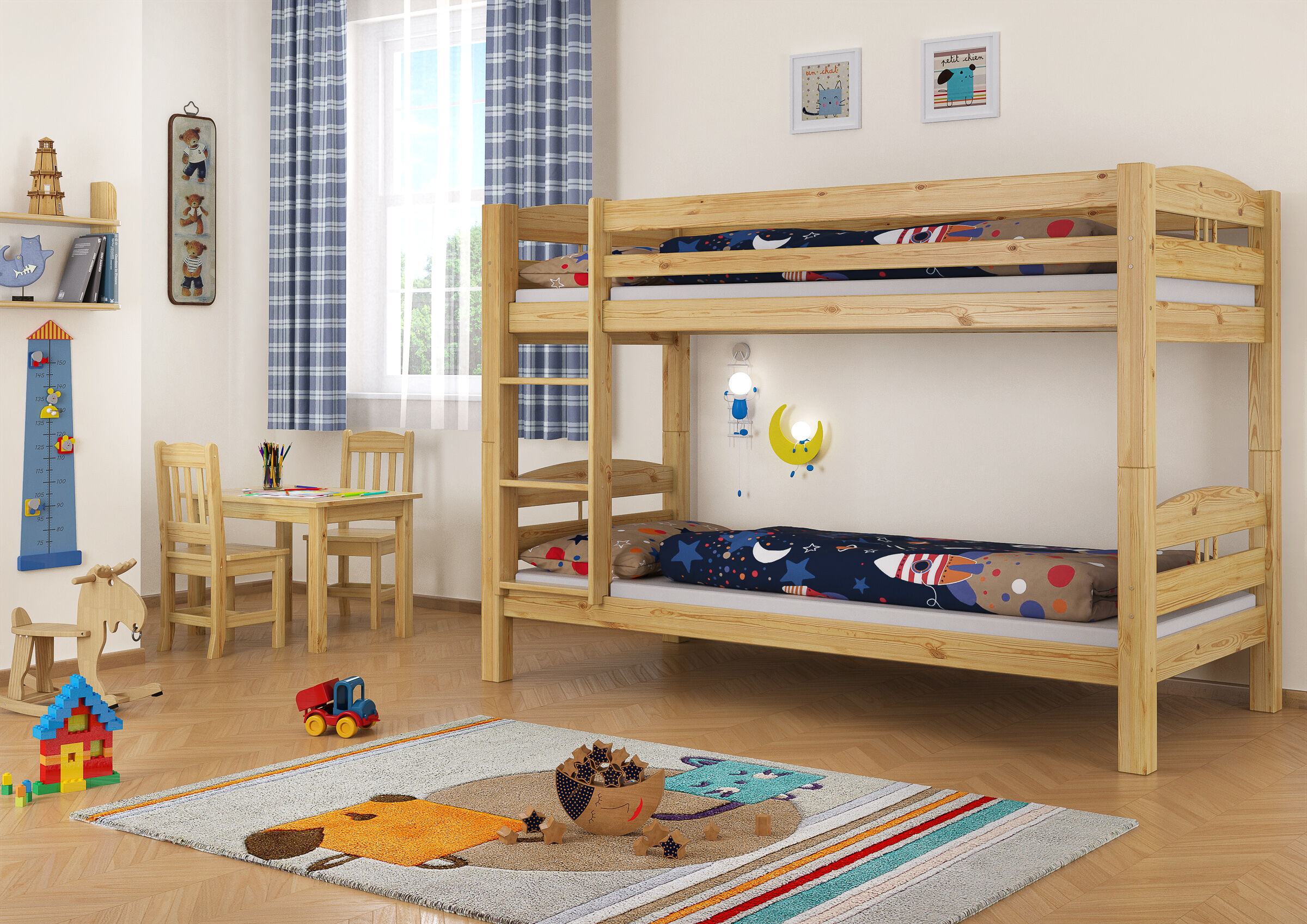 Nove varianti di letto a castello per bambini per materassi 90x200 in Pino laccato V-60.10-09