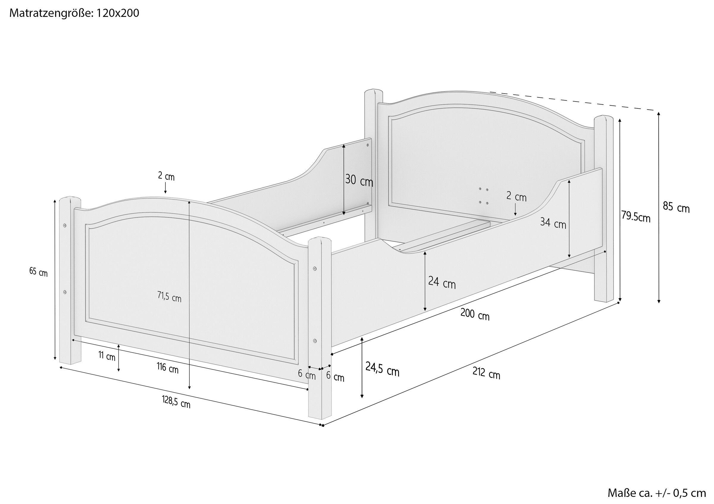 Seniorenbett Massivholz Kiefer weiß 120x200 breites hohes Einzelbett V-60.40-12W