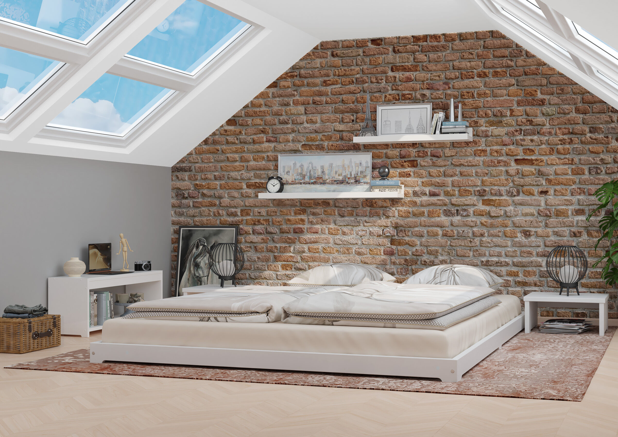 Dachgeschosszimmer mit niedrigem Bett