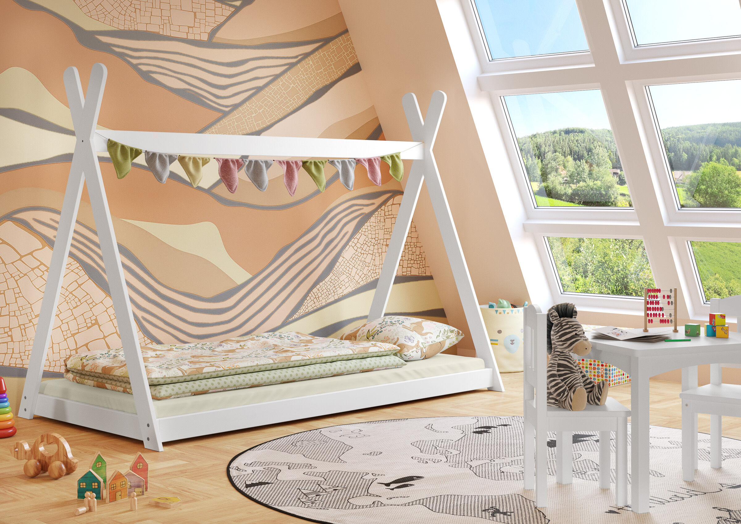 Zimmerbild des flachen Bettes 90x200 aus Kiefer mit Dachrahmen