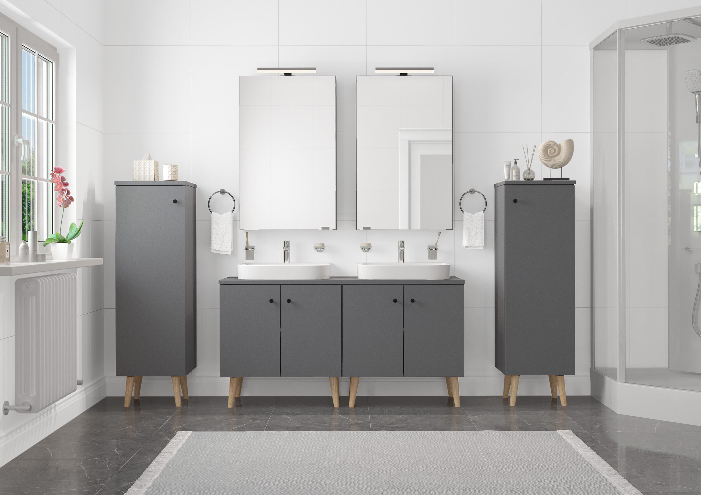 Badezimmermöbel-Set Spiegelschrank Waschtisch Badschrank grau mit Füßen V-90.59F-01