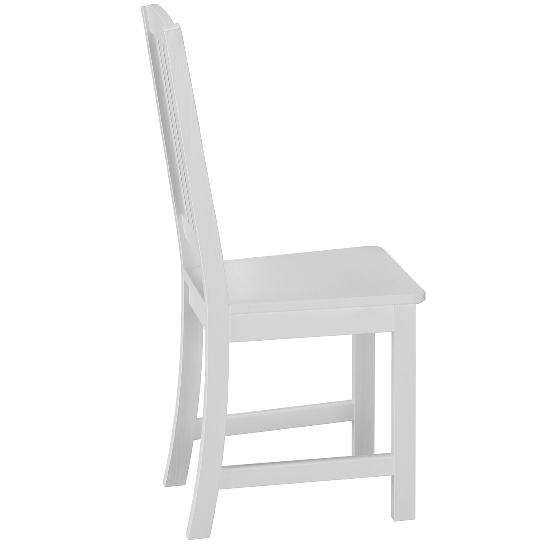  Stuhl aus Massivholz, Kiefer weiß lasiert, mit sanft geschwungener Rückenlehne und vertikalen Streben 