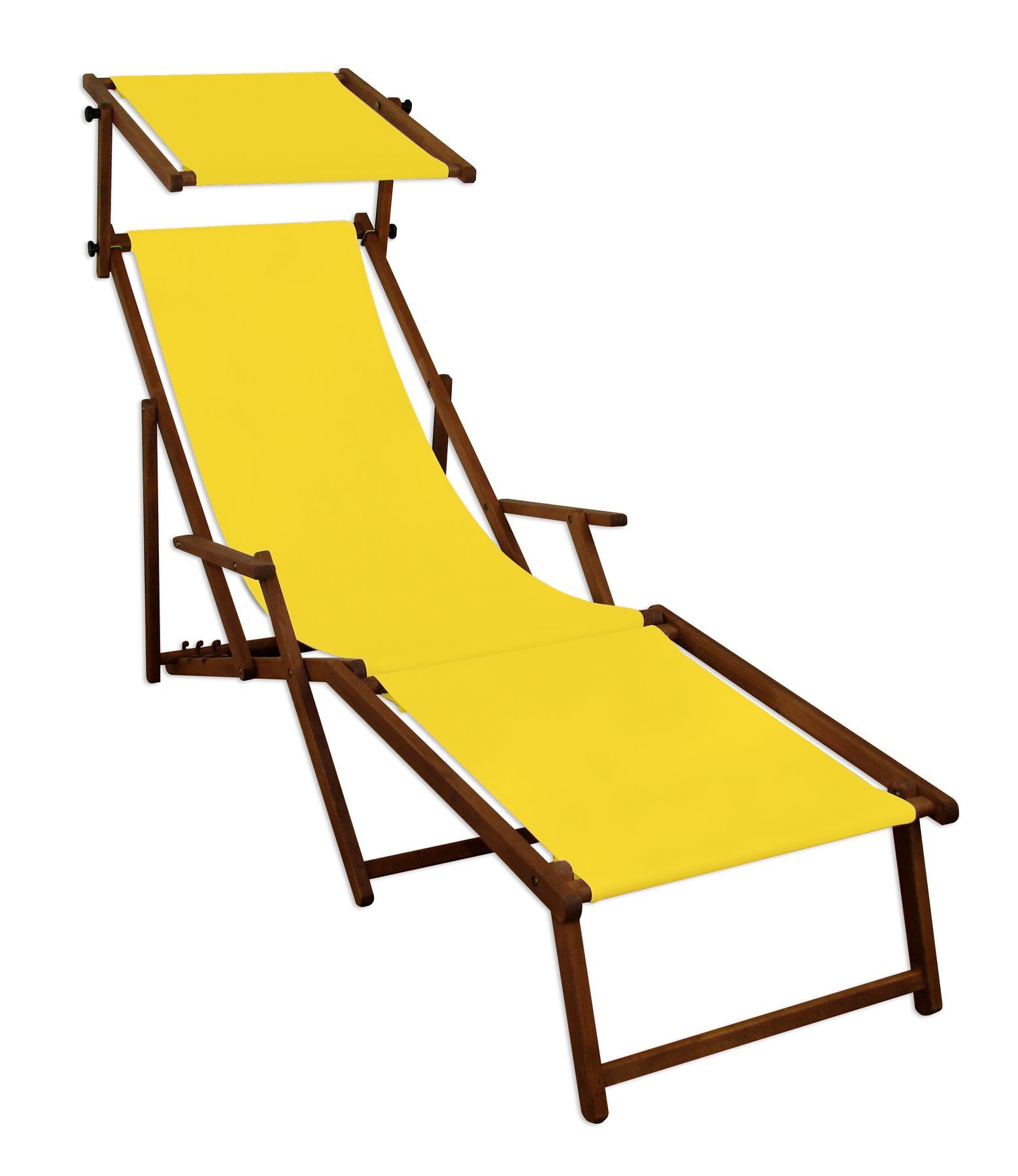 Liegstuhl aus dunklem Holz mit Sonnendach und Fußteil mit gelbem Stoff