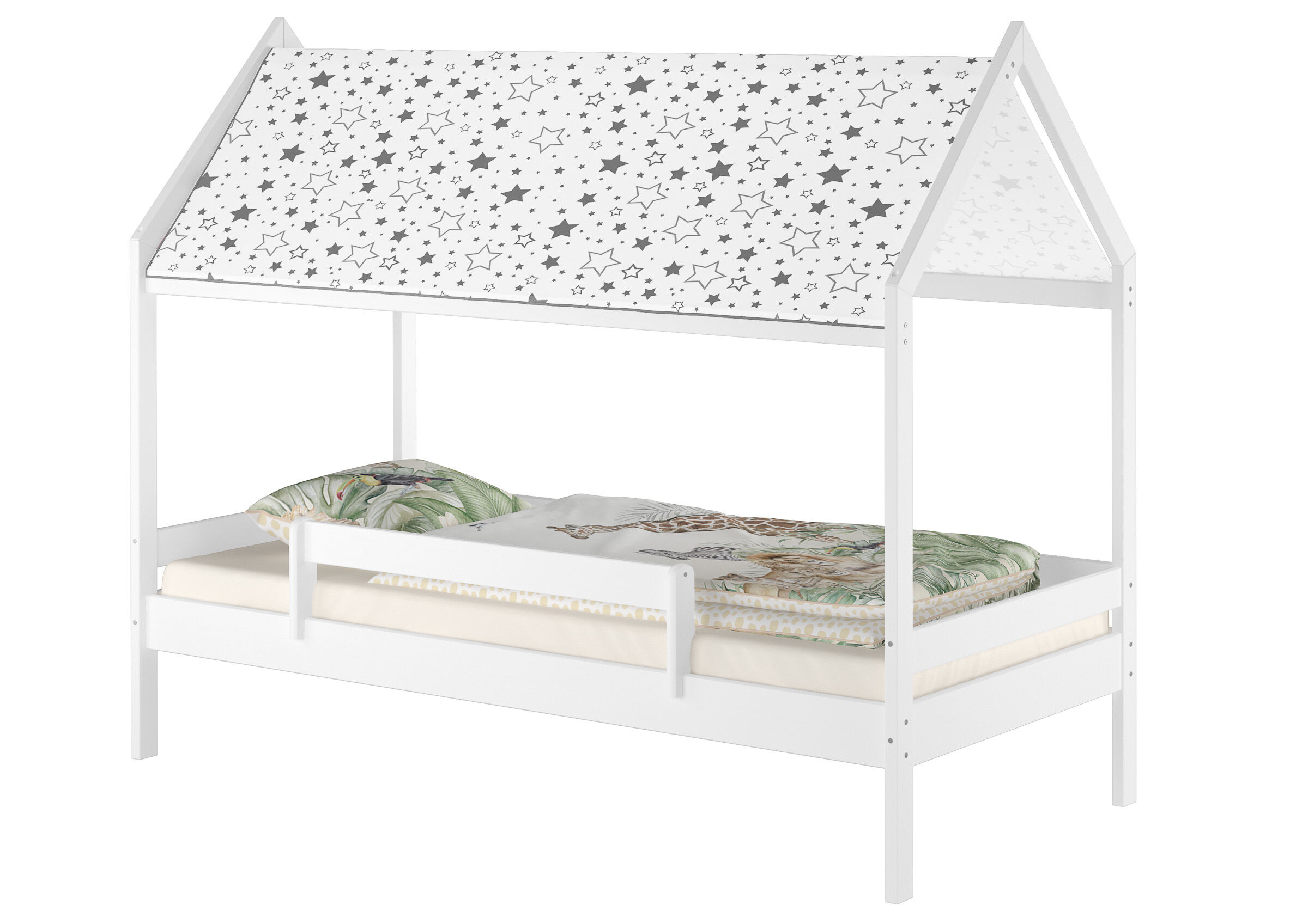 Lit cabane blanc, lit bébé 90x200 lit simple en pin massif, accessoires sélectionnables V-60.58-09W