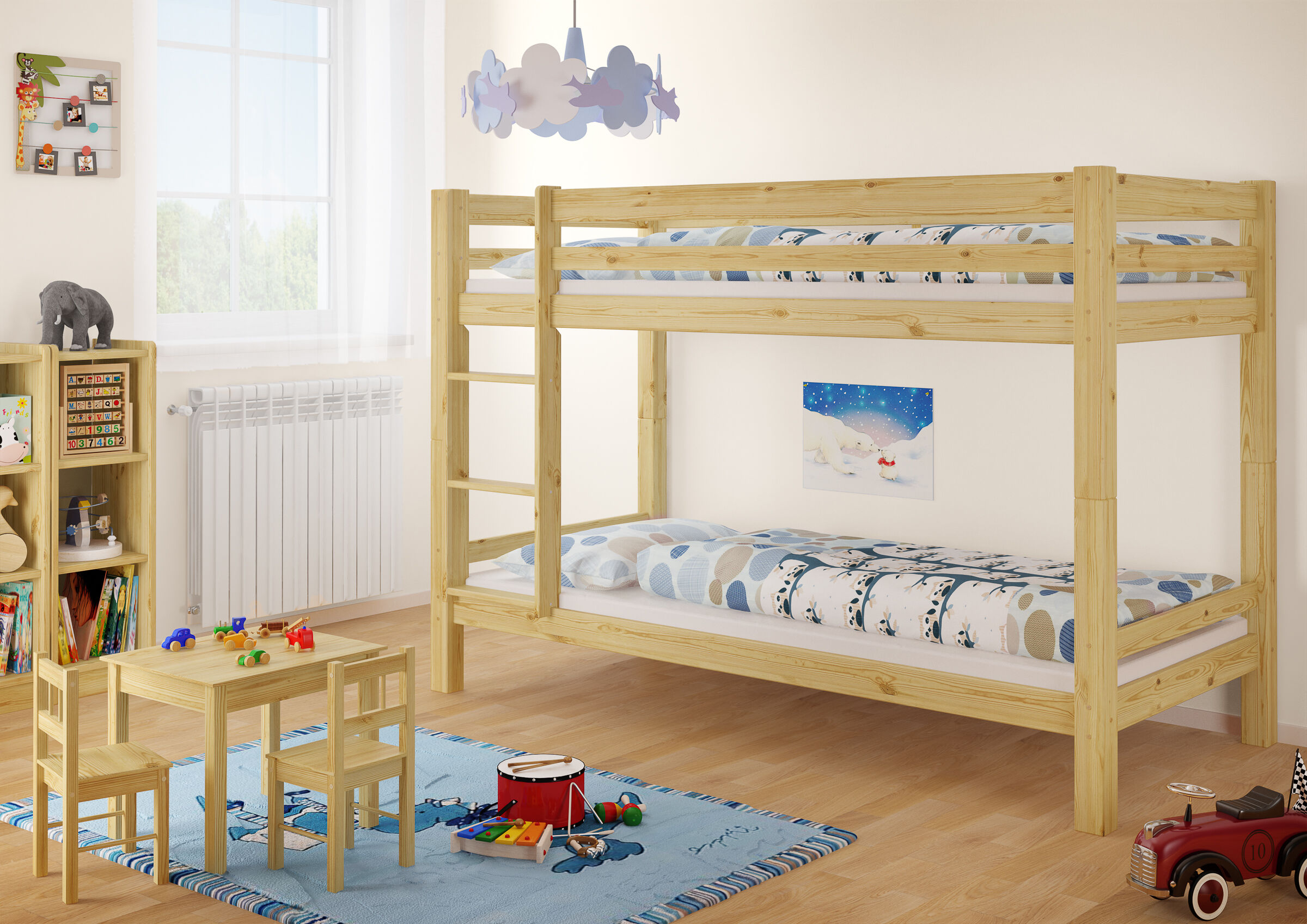 Nove varianti di letto a castello per bambini per materassi 90x200 in Pino laccato V-60.09-09