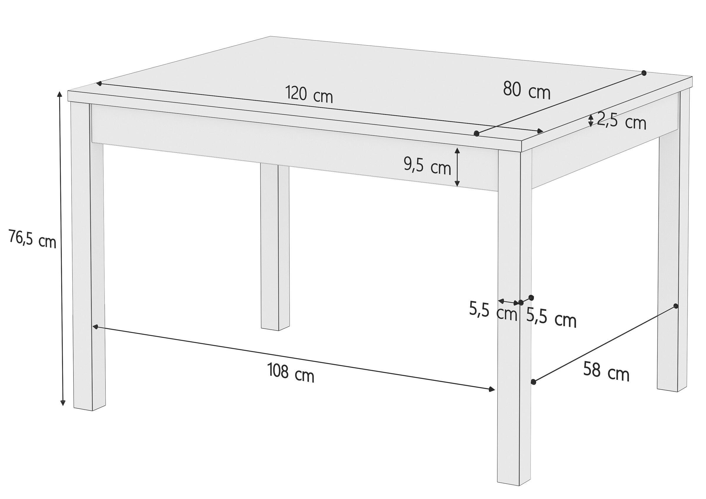 Stabiler Esszimmertisch aus massiver Kiefer, waschweiß lackiert, 80 x 120 cm, Tischbeine Glatt, Schema mit Maße