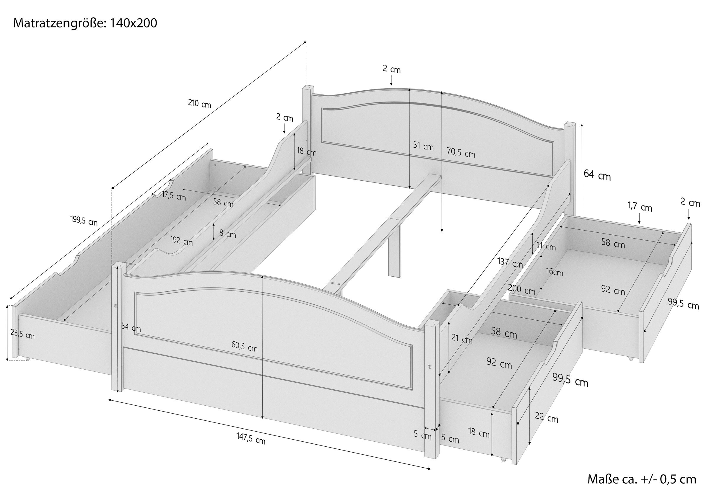 Doppelbett Massivholz 140x200 Komplettset Bett mit Staukasten V-60.33-14