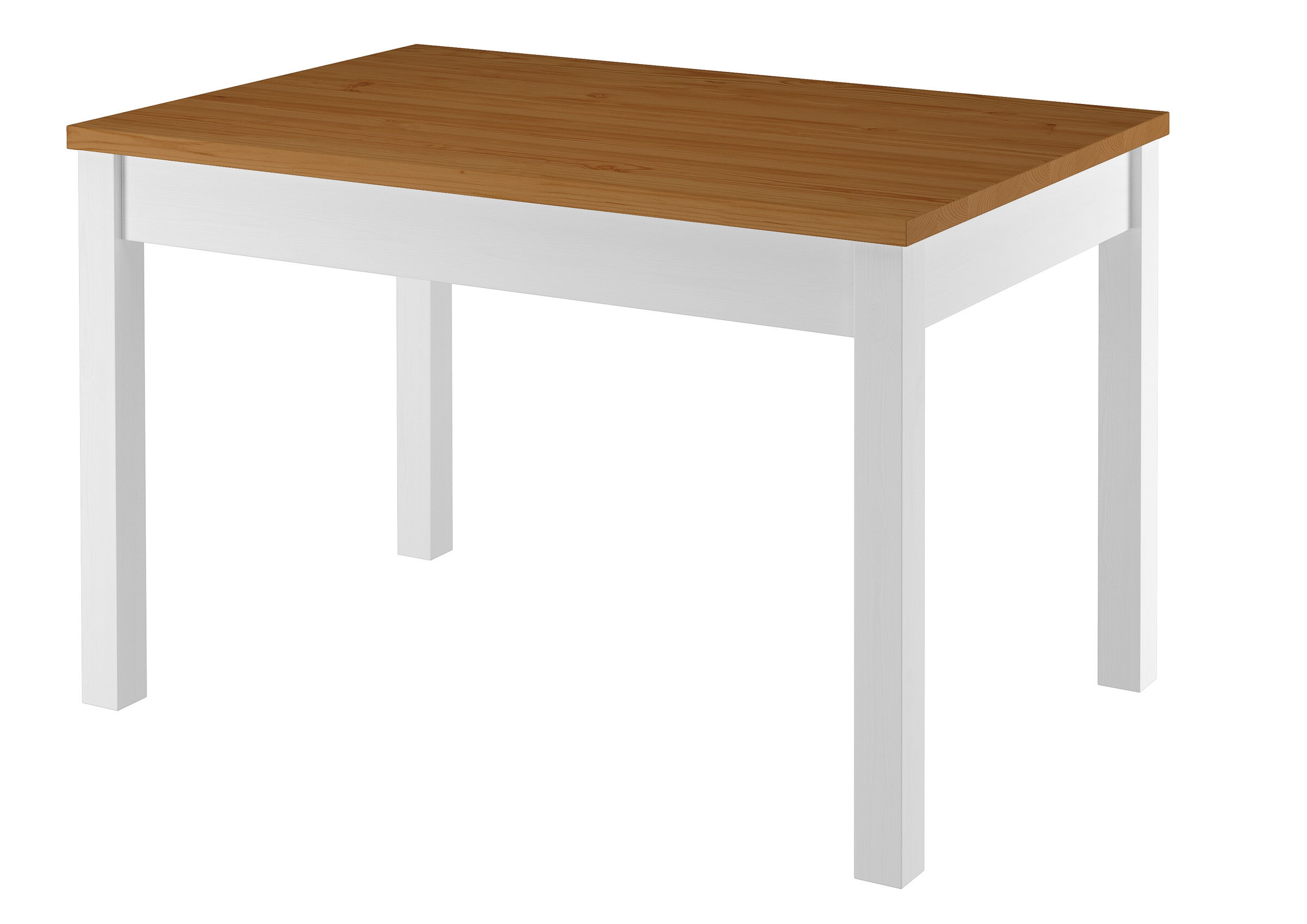 Stabiler Esszimmertisch aus massiver Kiefer, waschweiß lackiert, Tischplatte eiche gebeizt, 80 x 120 cm, Tischbeine Glatt
