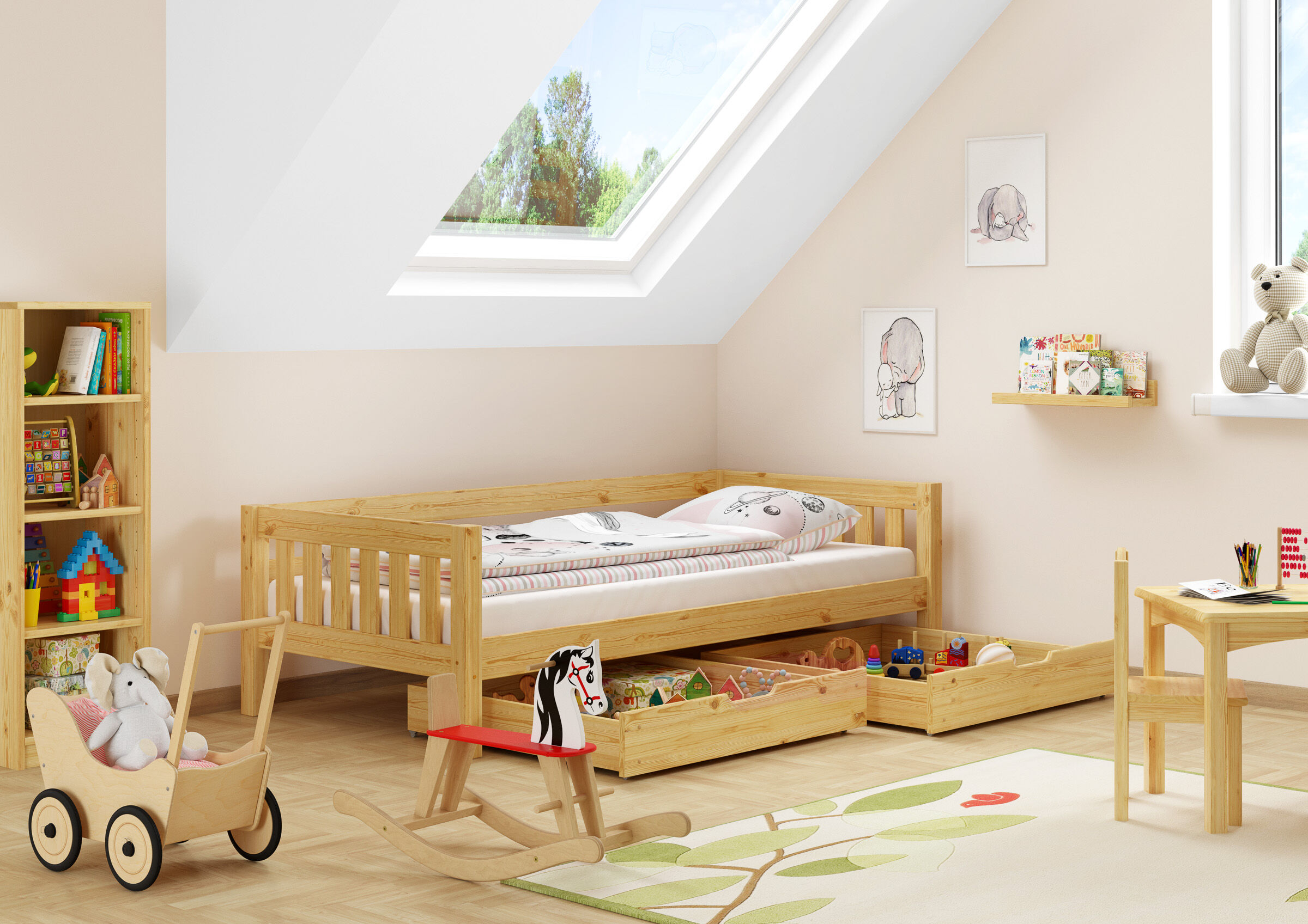 Gemütliches Kinderbett mit dreiseitiger Sicherung 90x200 cm Kiefer V-60.29-09