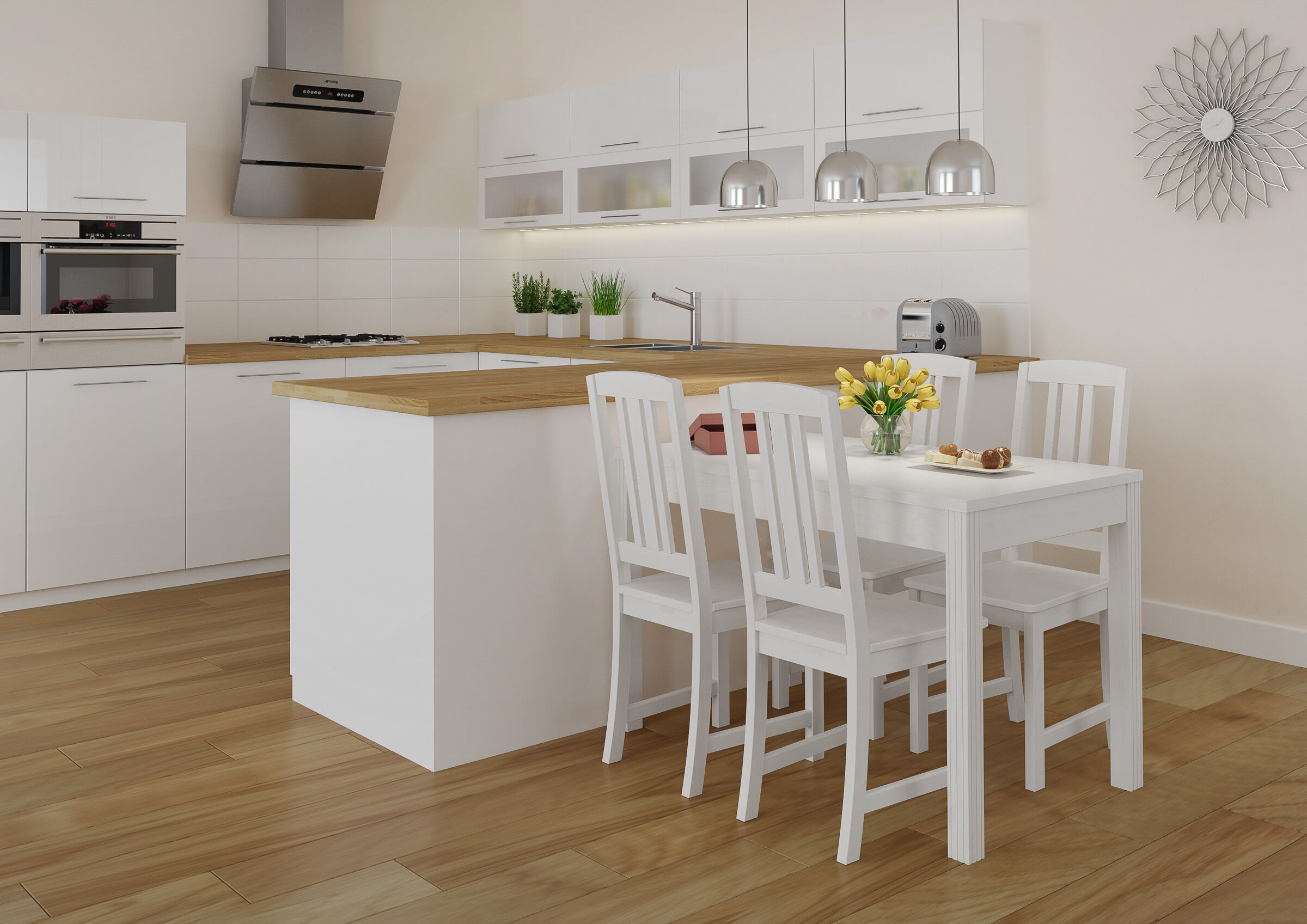 Küche mit weißem Tisch und weißen Stühlen