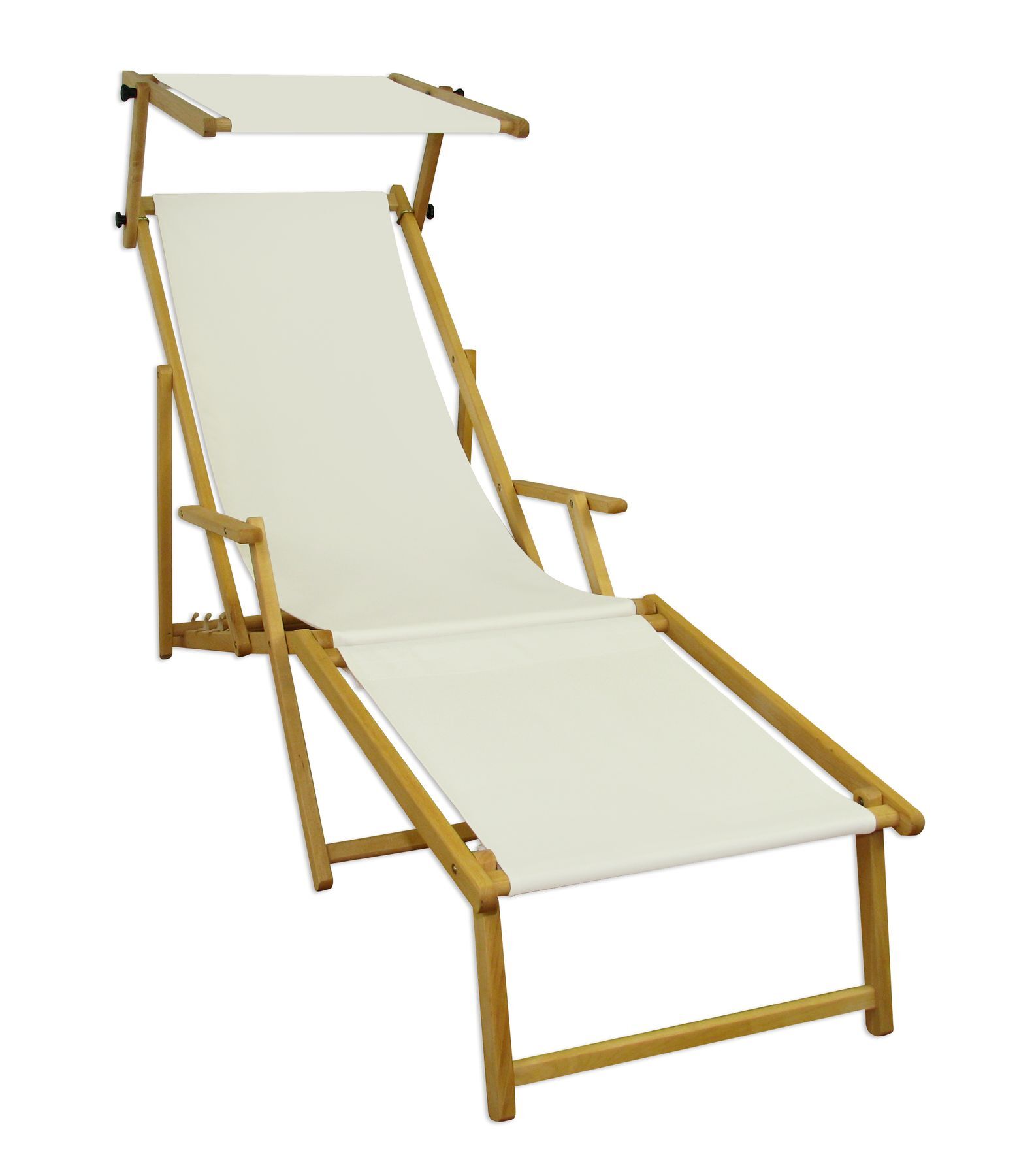 Chaise longue de jardin, chilienne, bain de soleil pliant, bois massif, tissu blanc V-10-303N